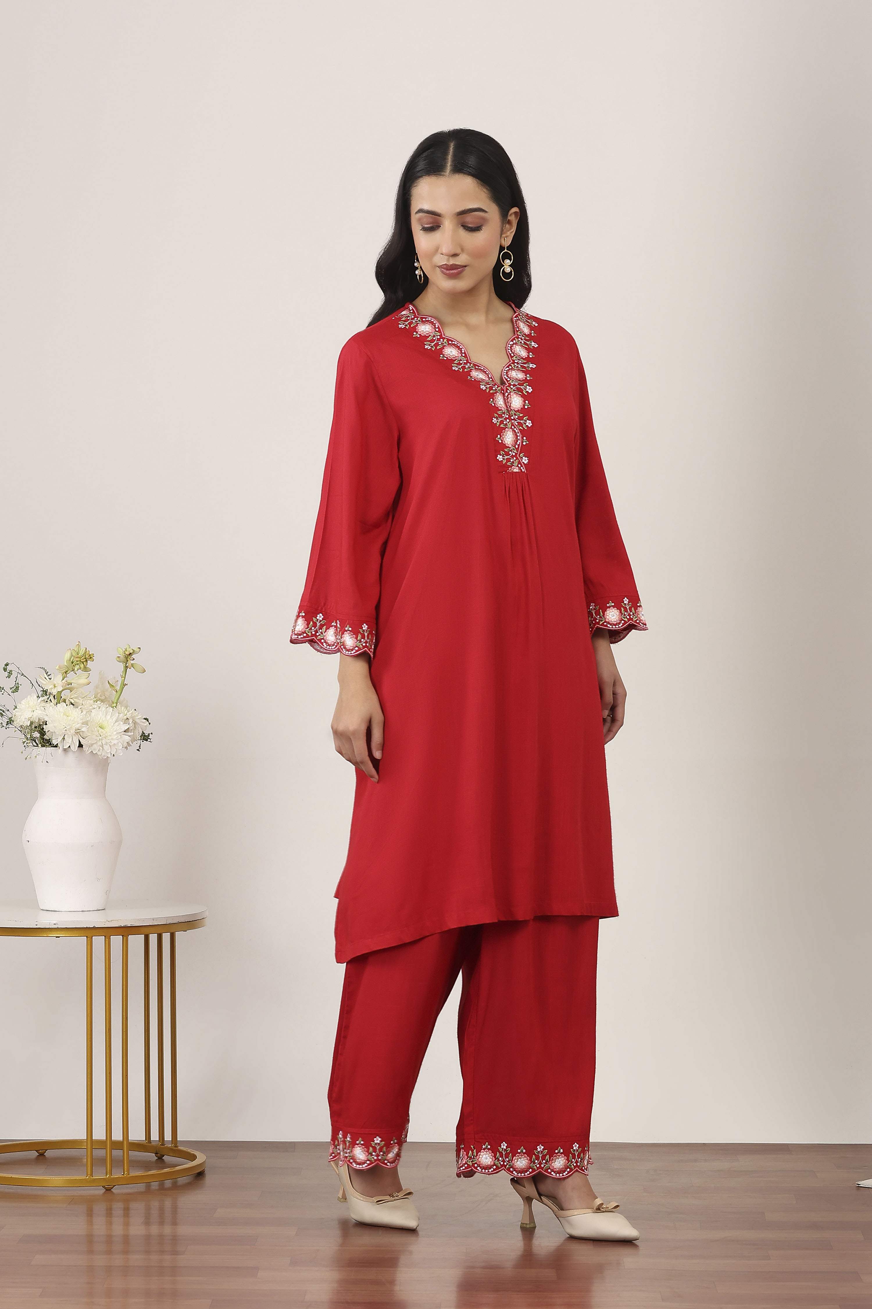 Red Rayon Viscose Rayon Kurta Pants Set image number 5