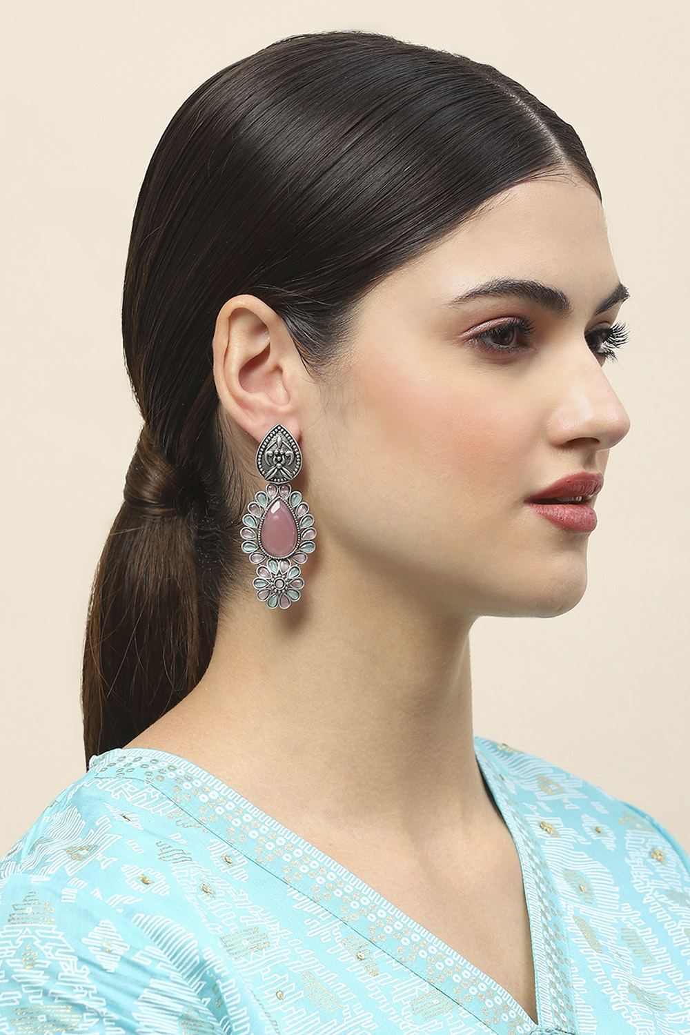 Light Pink Green Oxidised Alloy Earrings image number 3