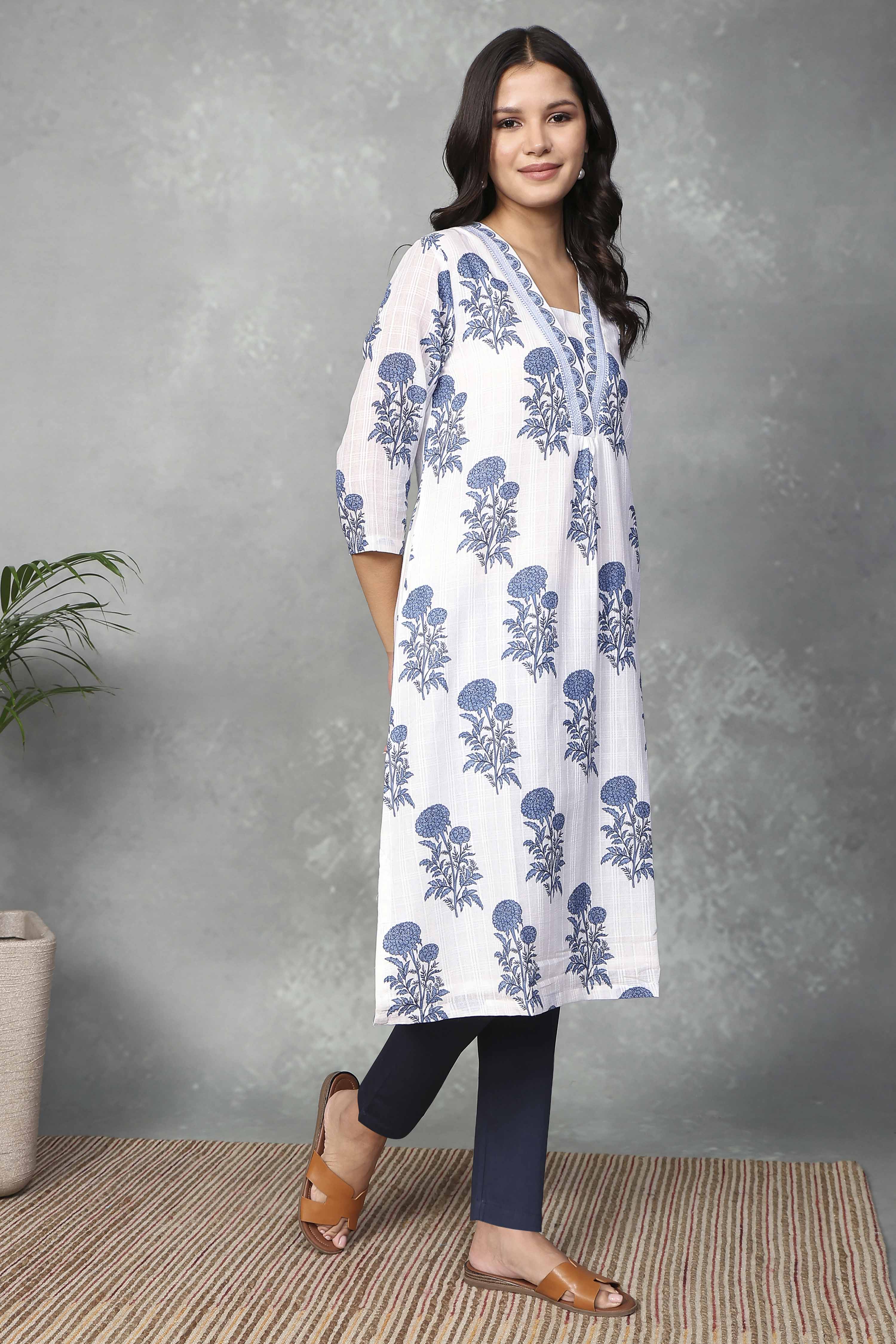 White Cotton Printed Straight Kurta image number 4
