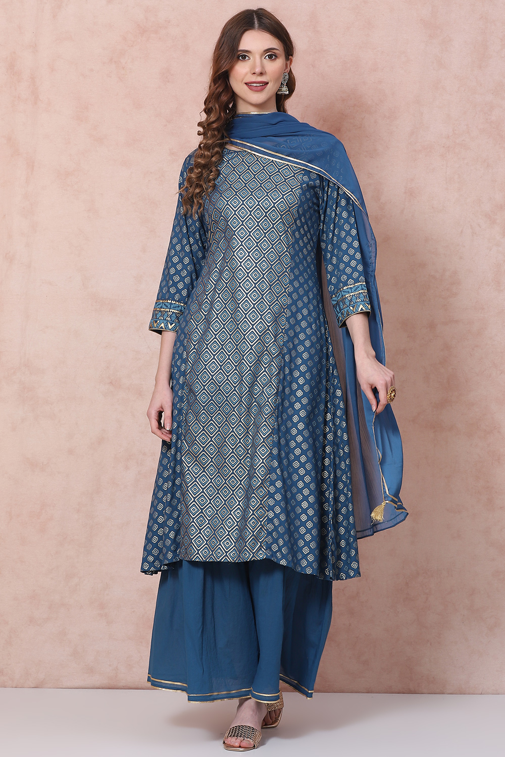 Petrol Blue LIVA A Line Suit Set image number 0