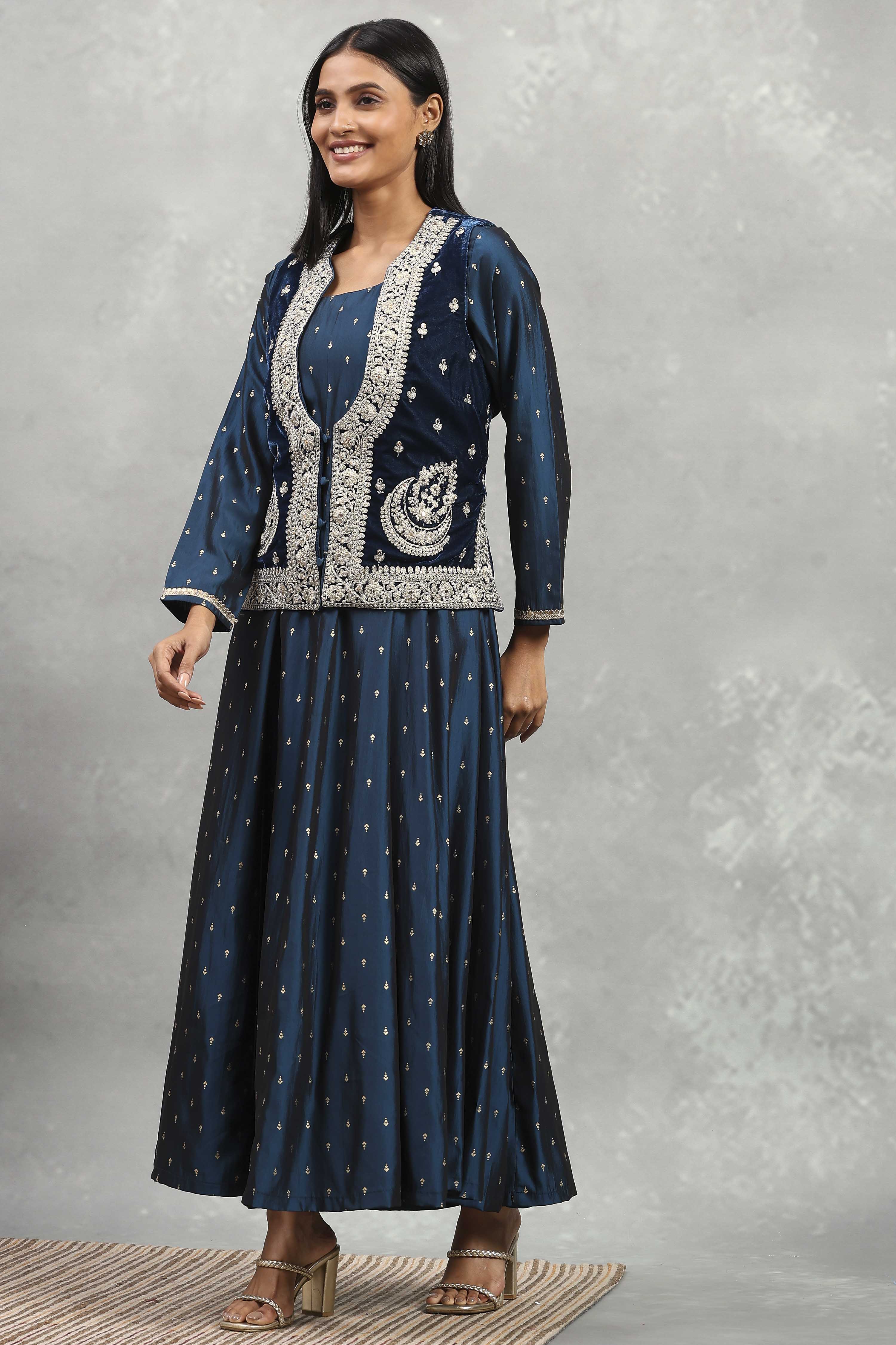 Blue Polyester Blend Printed Kalidar Dress image number 2