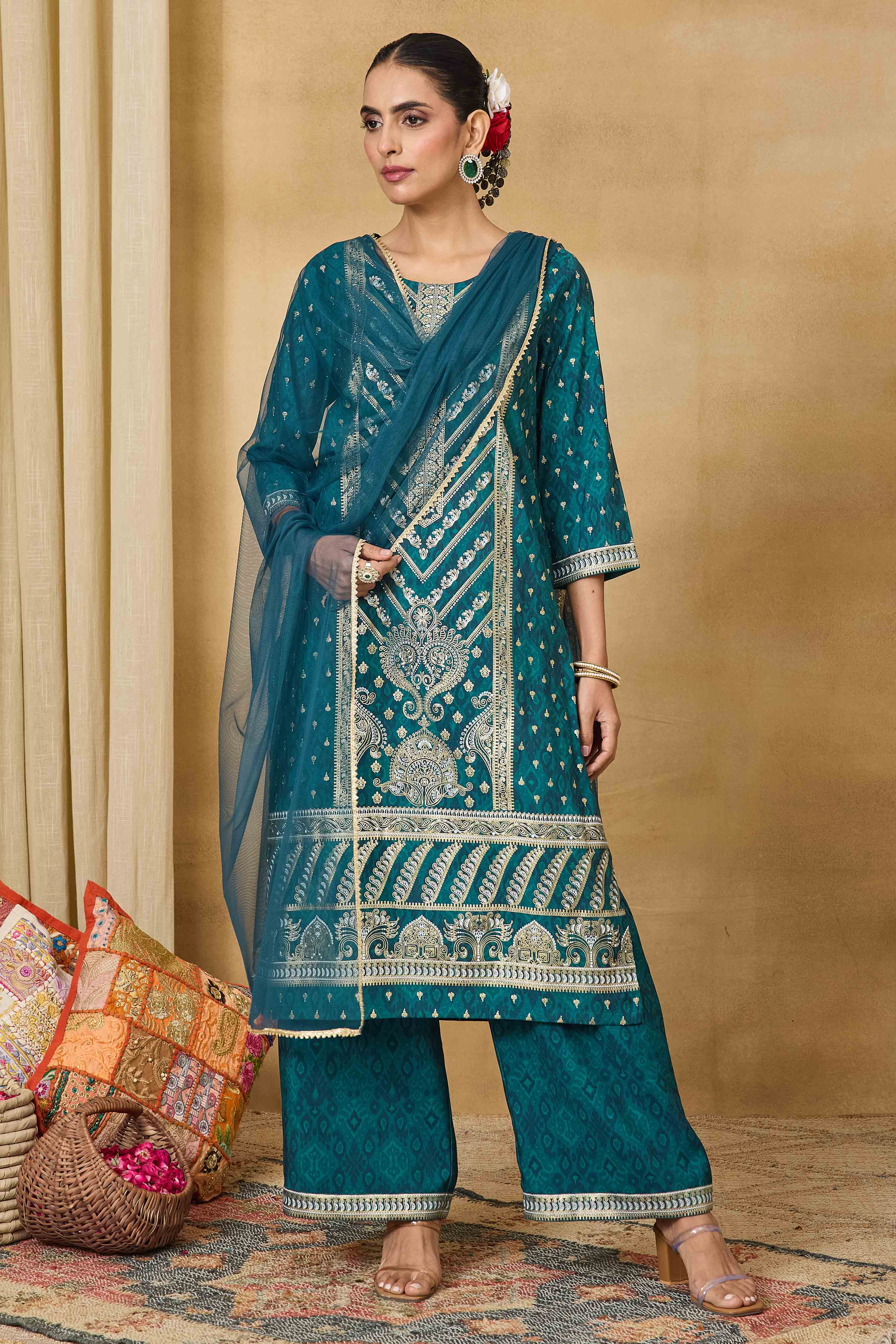 Teal Viscose Blend Straight Printed Suit Set image number 7