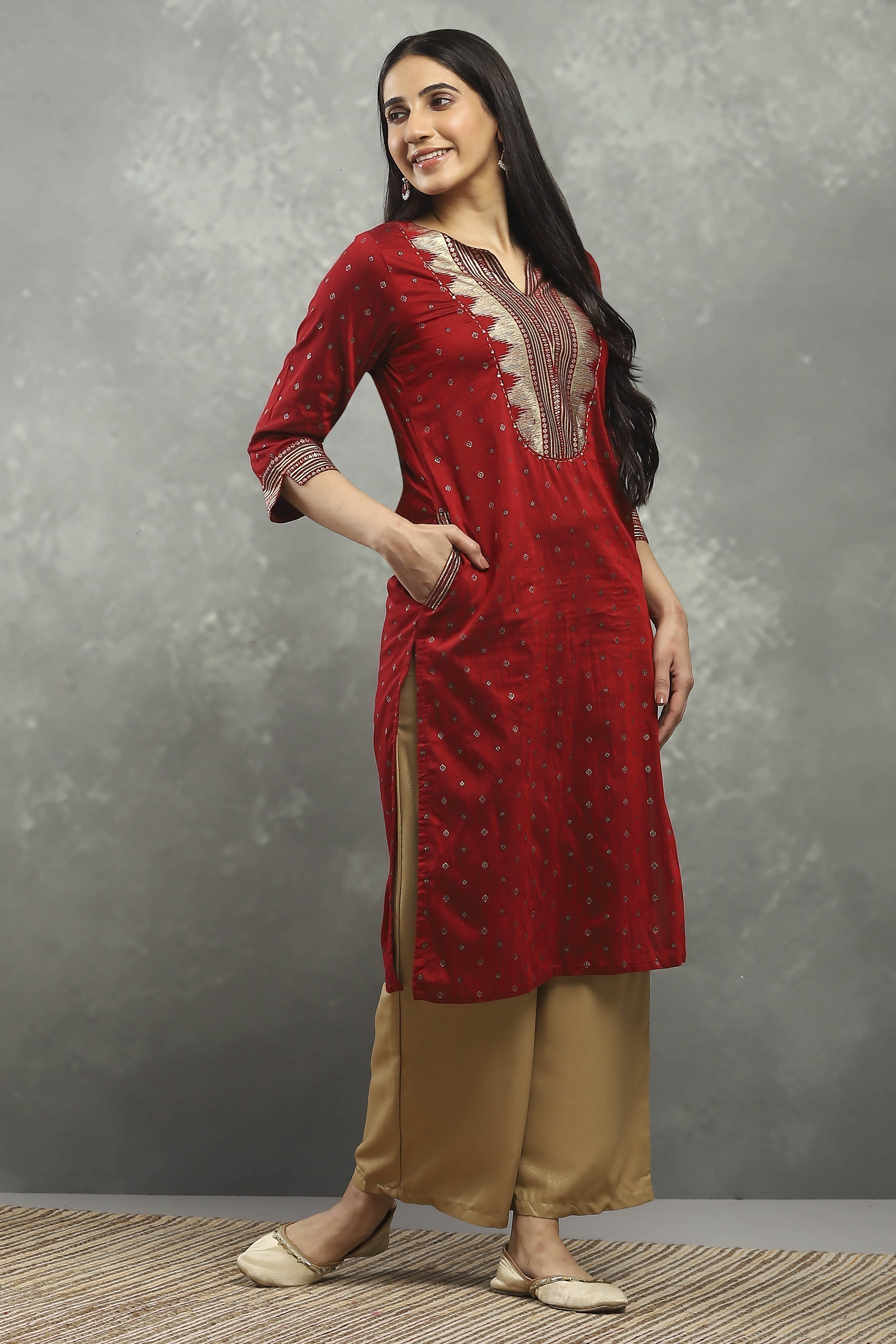 Red Viscose Straight Kurta Pants Set image number 0