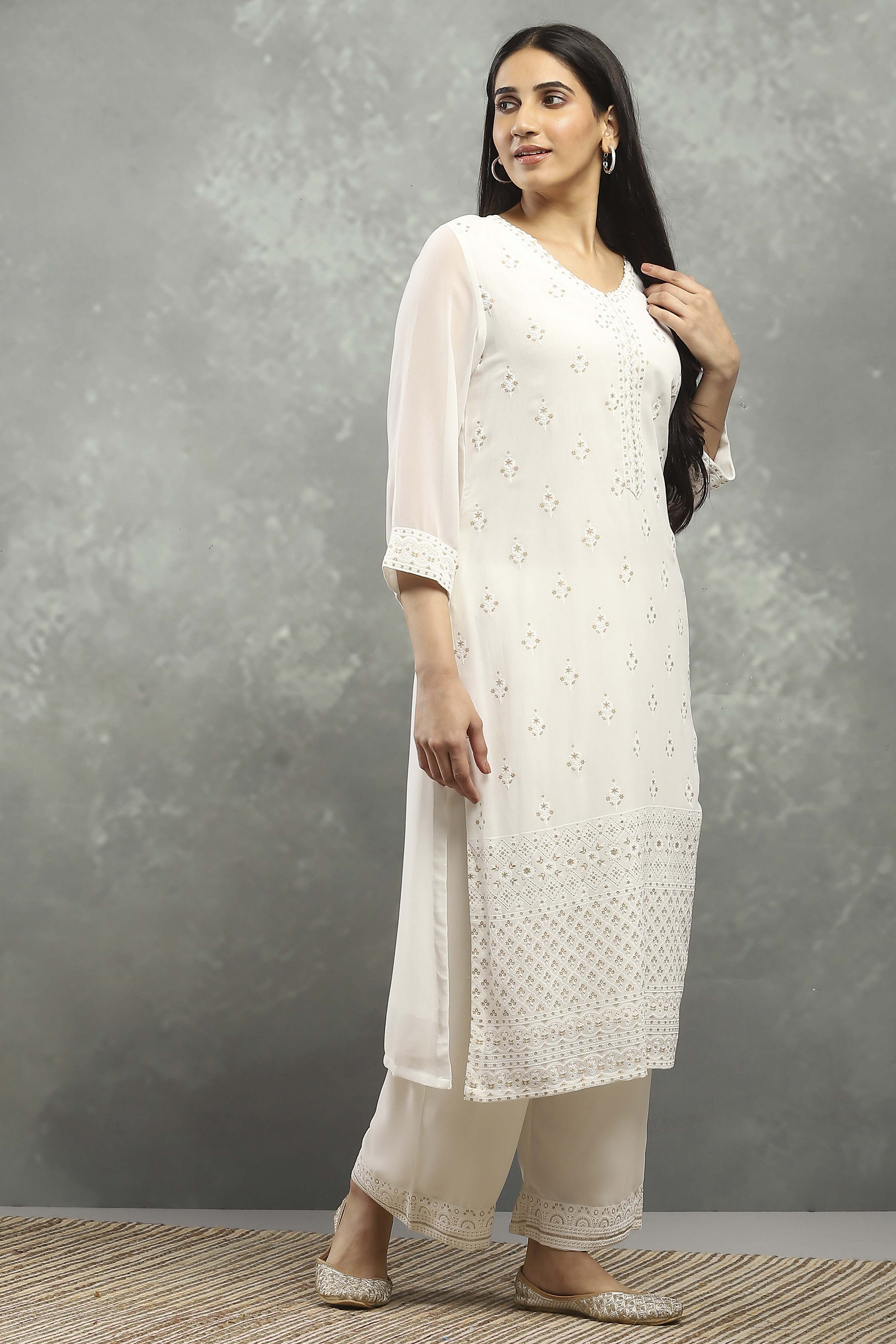 White Polyester Straight Kurta Pants Set image number 5