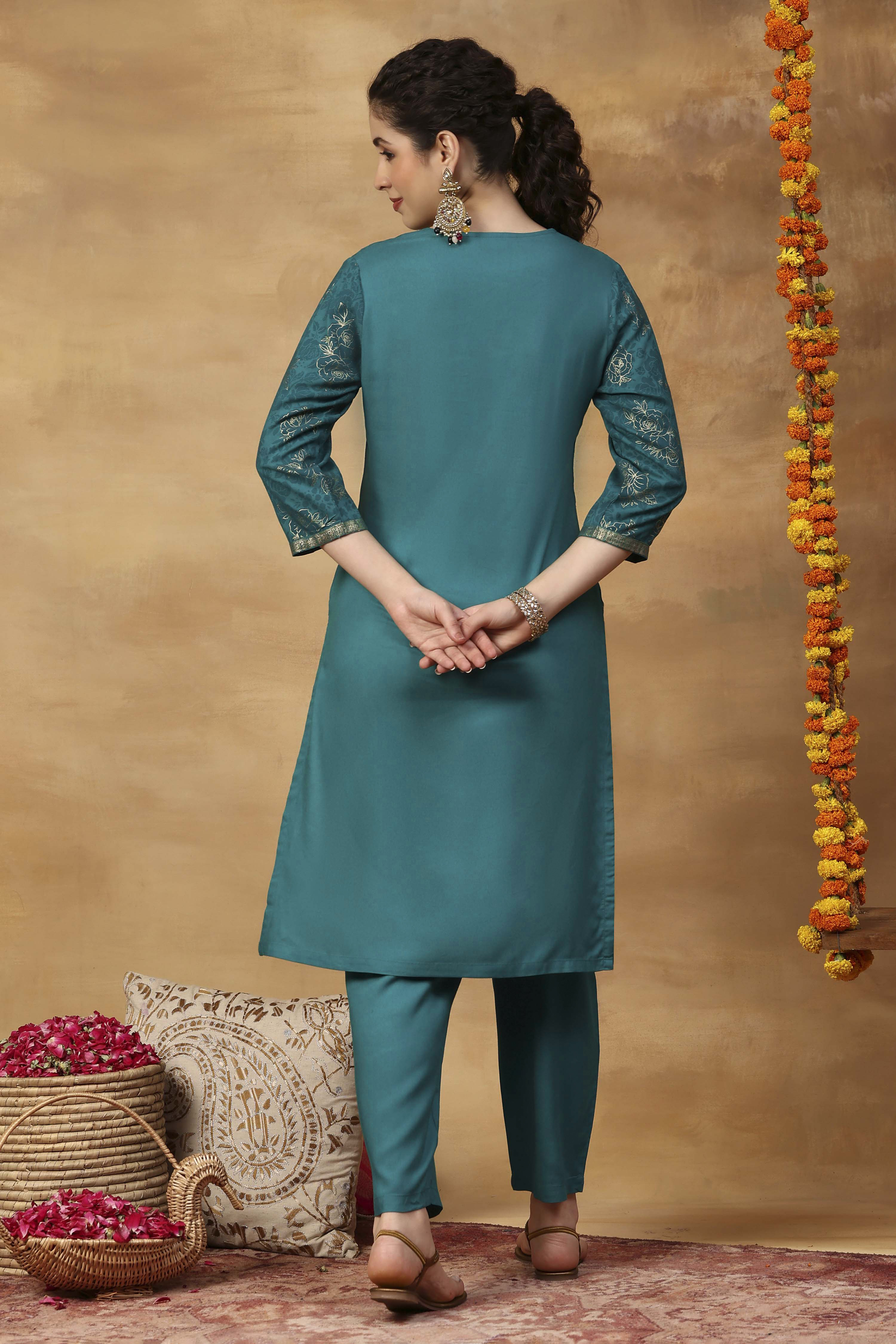 Aqua Printed Viscose Rayon Straight Kurta Set image number 5