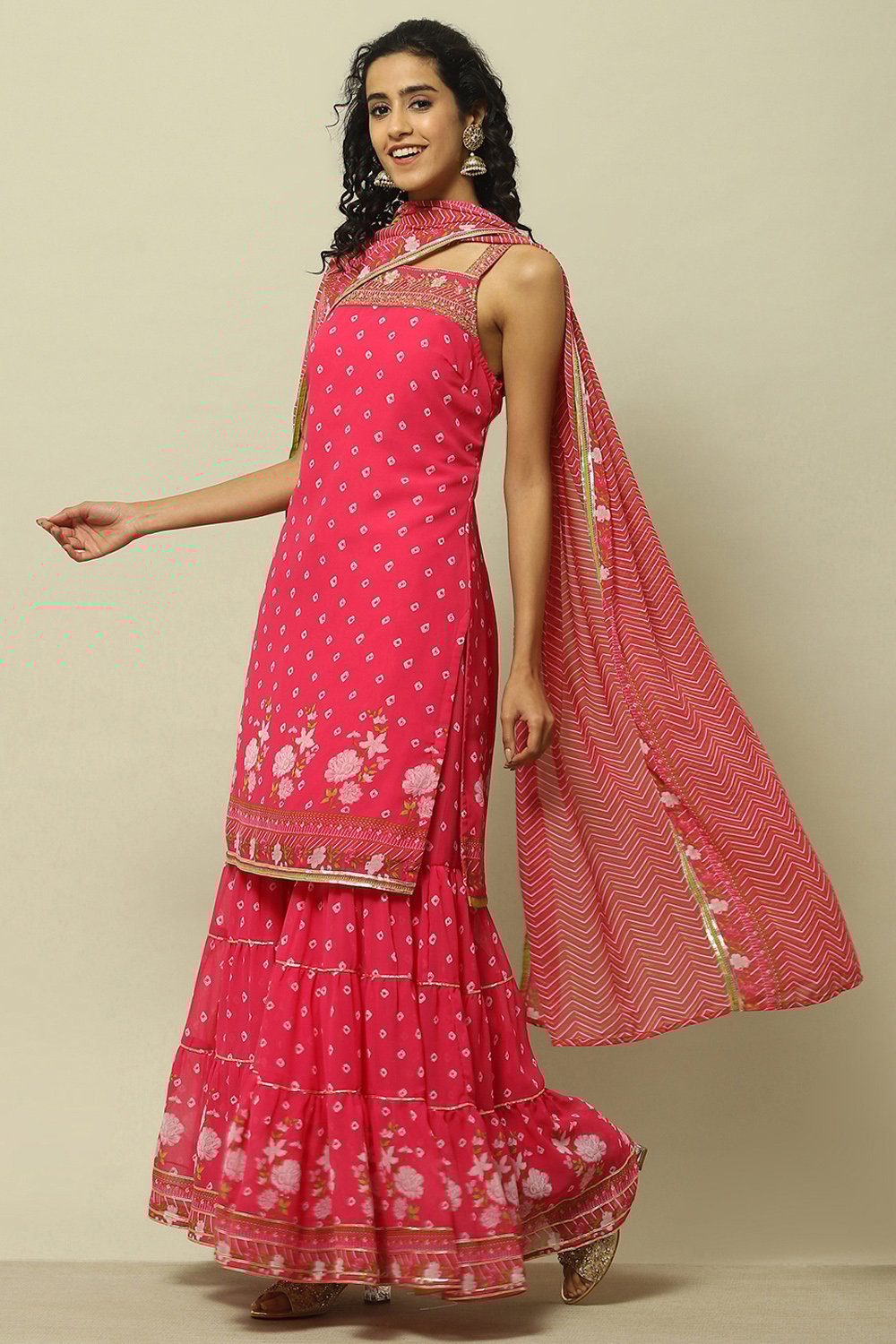 Pink Poly Georgette Straight Kurta & Garara Suit Set image number 4