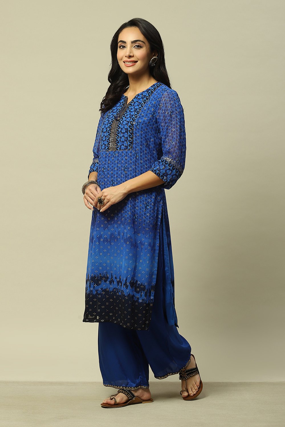 Cobalt Blue Polyester Straight Printed Kurta image number 3