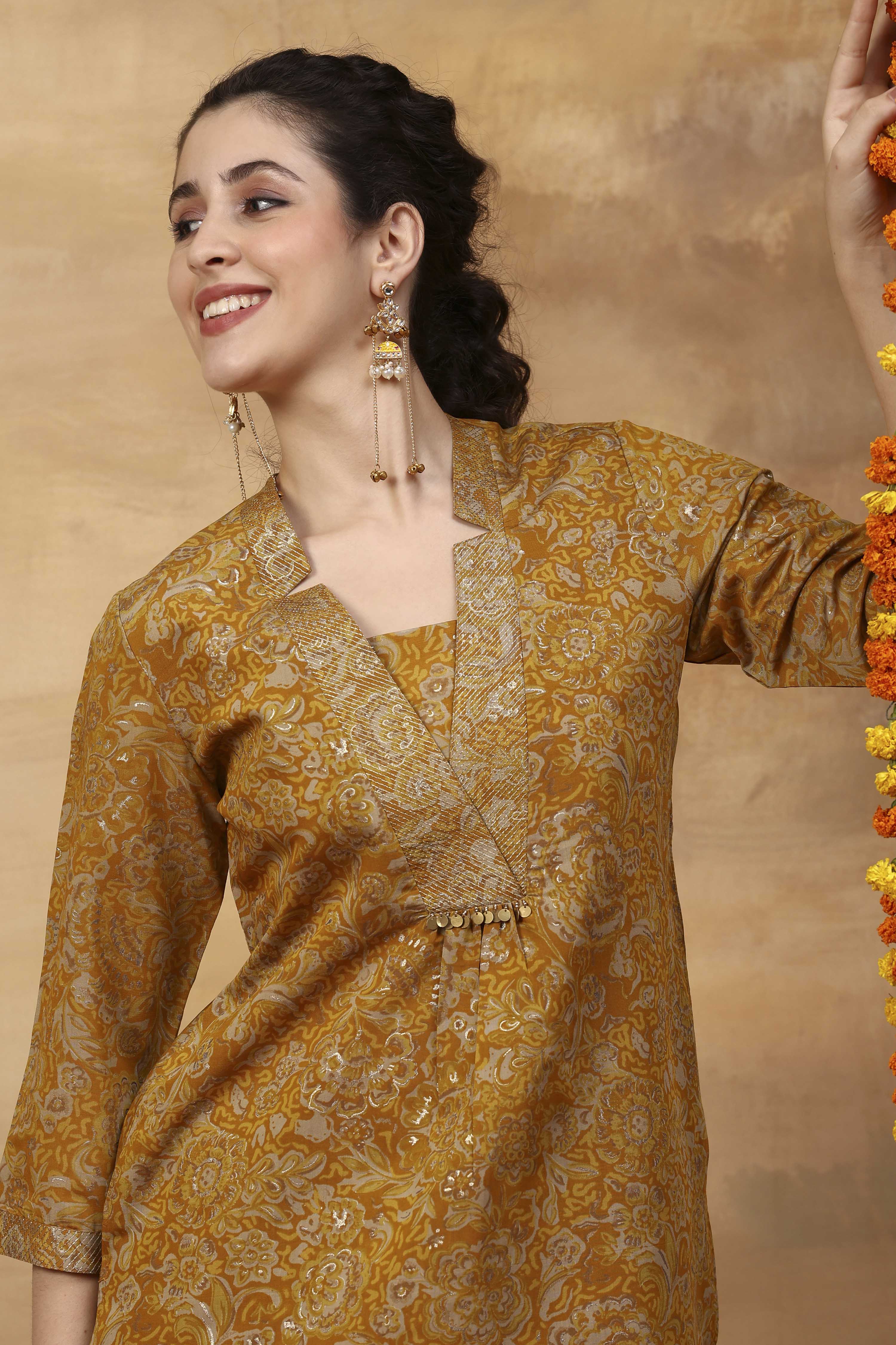 Yellow Viscose Blend A-Line Printed Kurta Pants Set image number 1