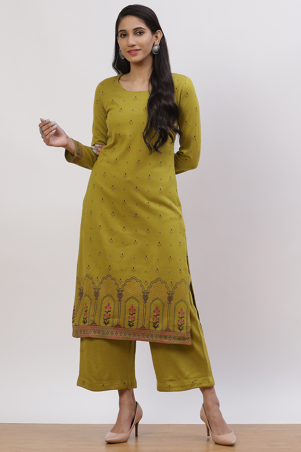 Olive Green Acrylic Straight Suit Set image number 0