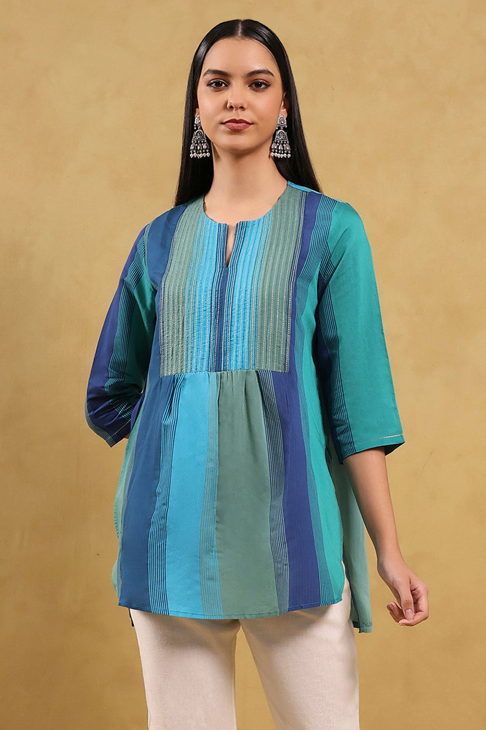 Blue Viscose Blend Solid Tiered Top image number 5