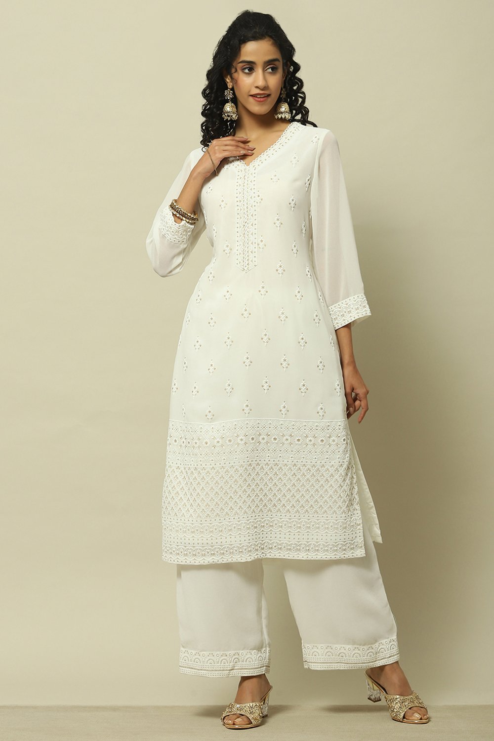 White Poly Georgette Embroidered Straight Kurta image number 0