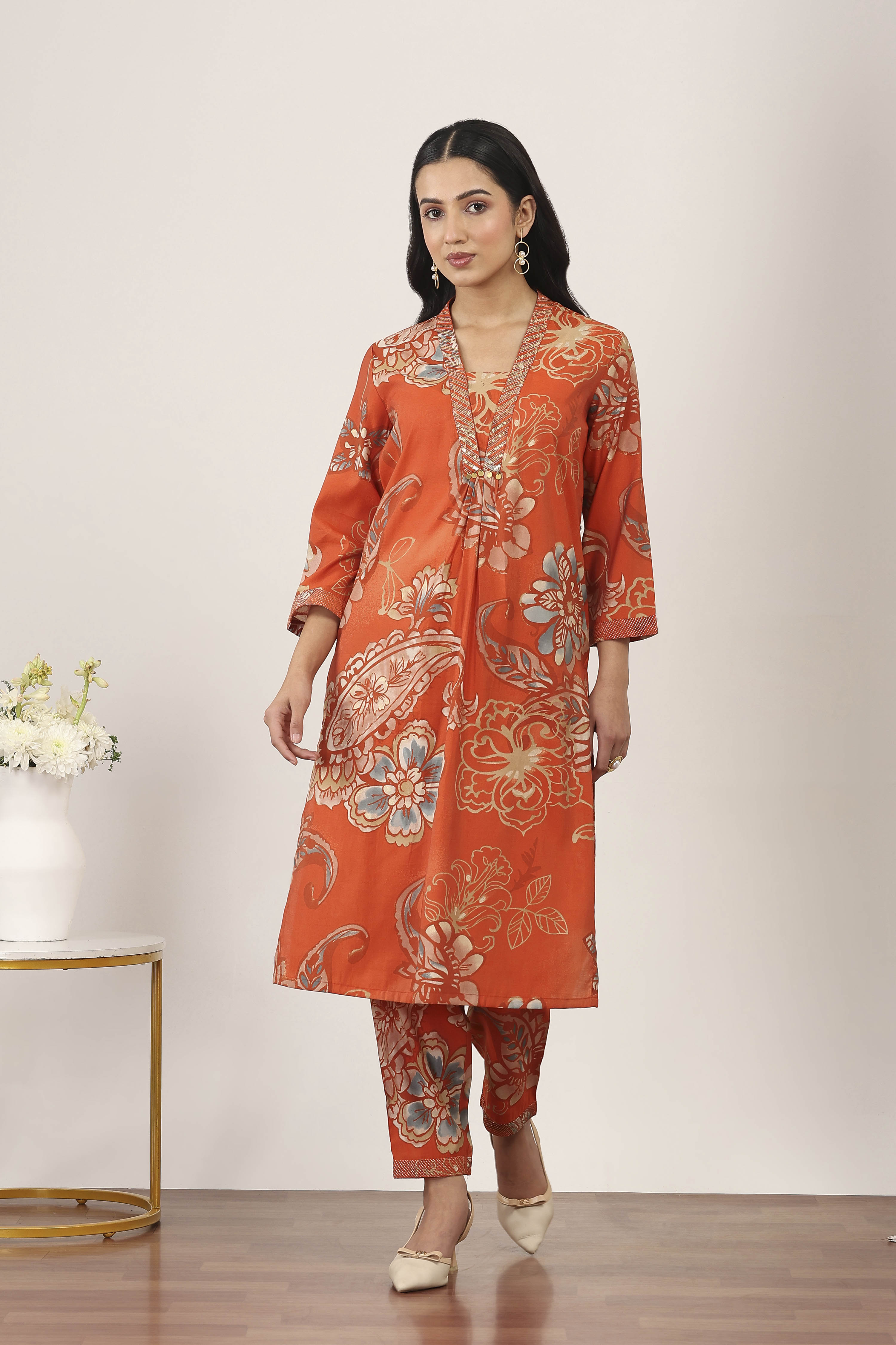 Orange Viscose Polyester Viscose Rayon Kurta Pants Set image number 6