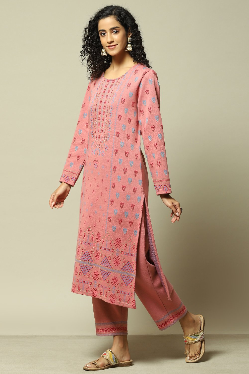 Ecru Jacquard Straight Printed Kurta Palazzo Suit Set image number 3