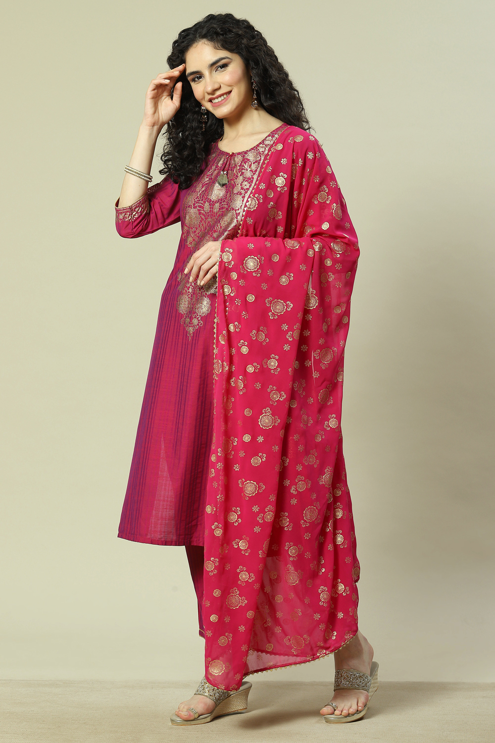 Magenta Cotton Blend Woven Straight Kurta Suit Set image number 5