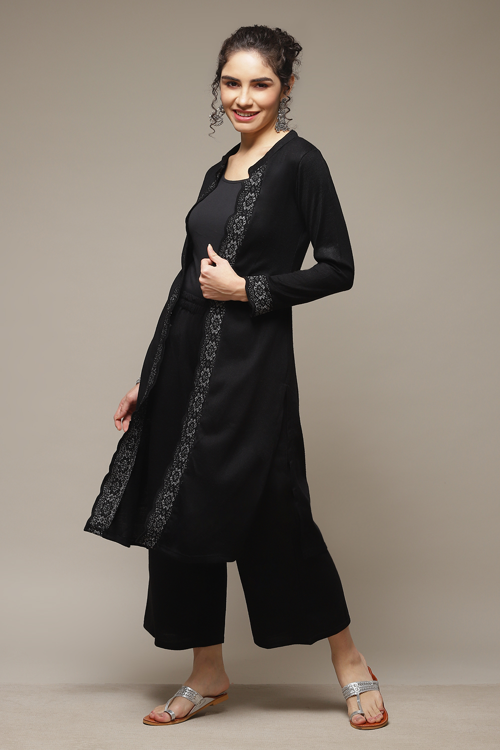 Black Acrylic Front Open Kurta image number 0