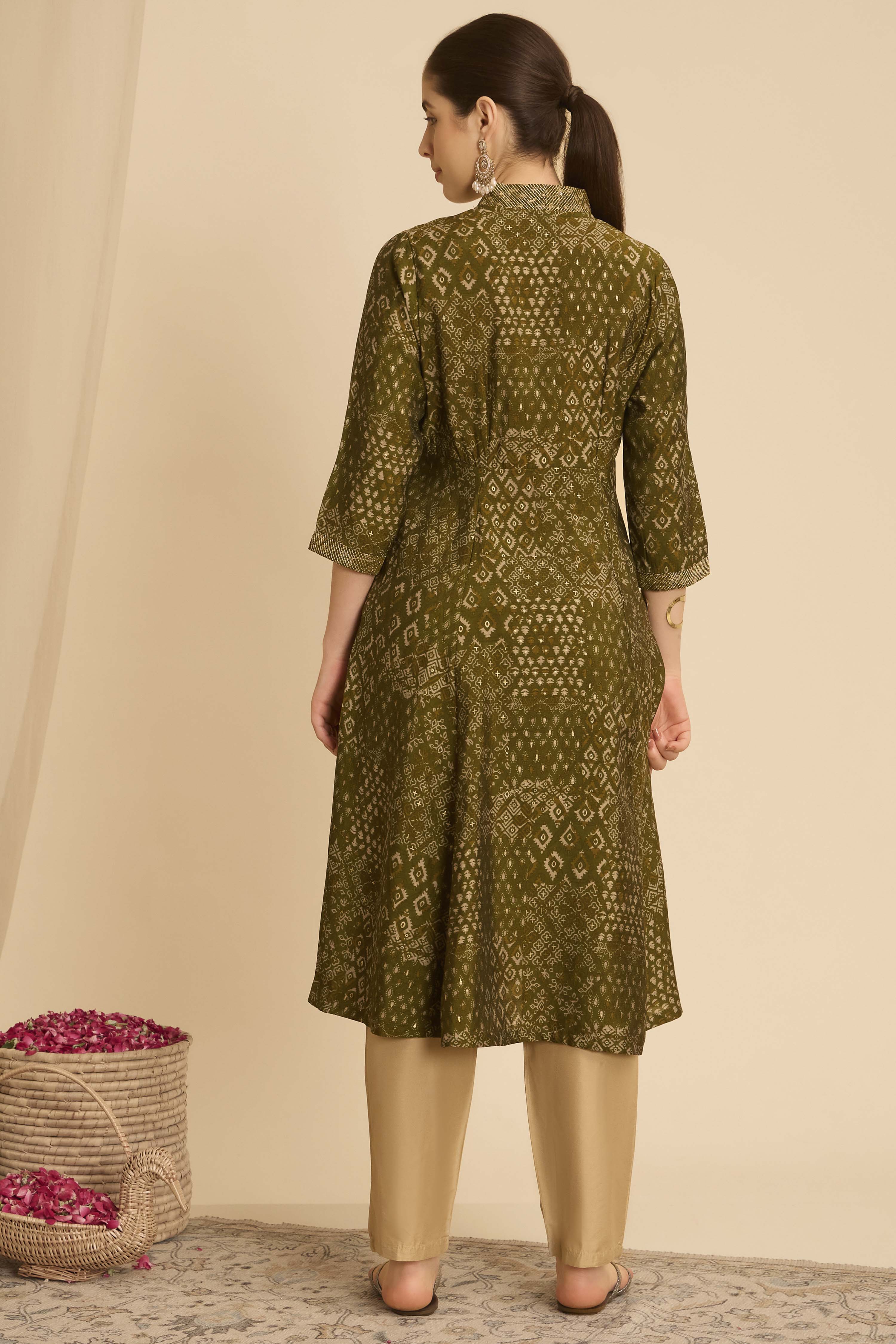 Green Viscose Blend A-Line Printed Kurta image number 4