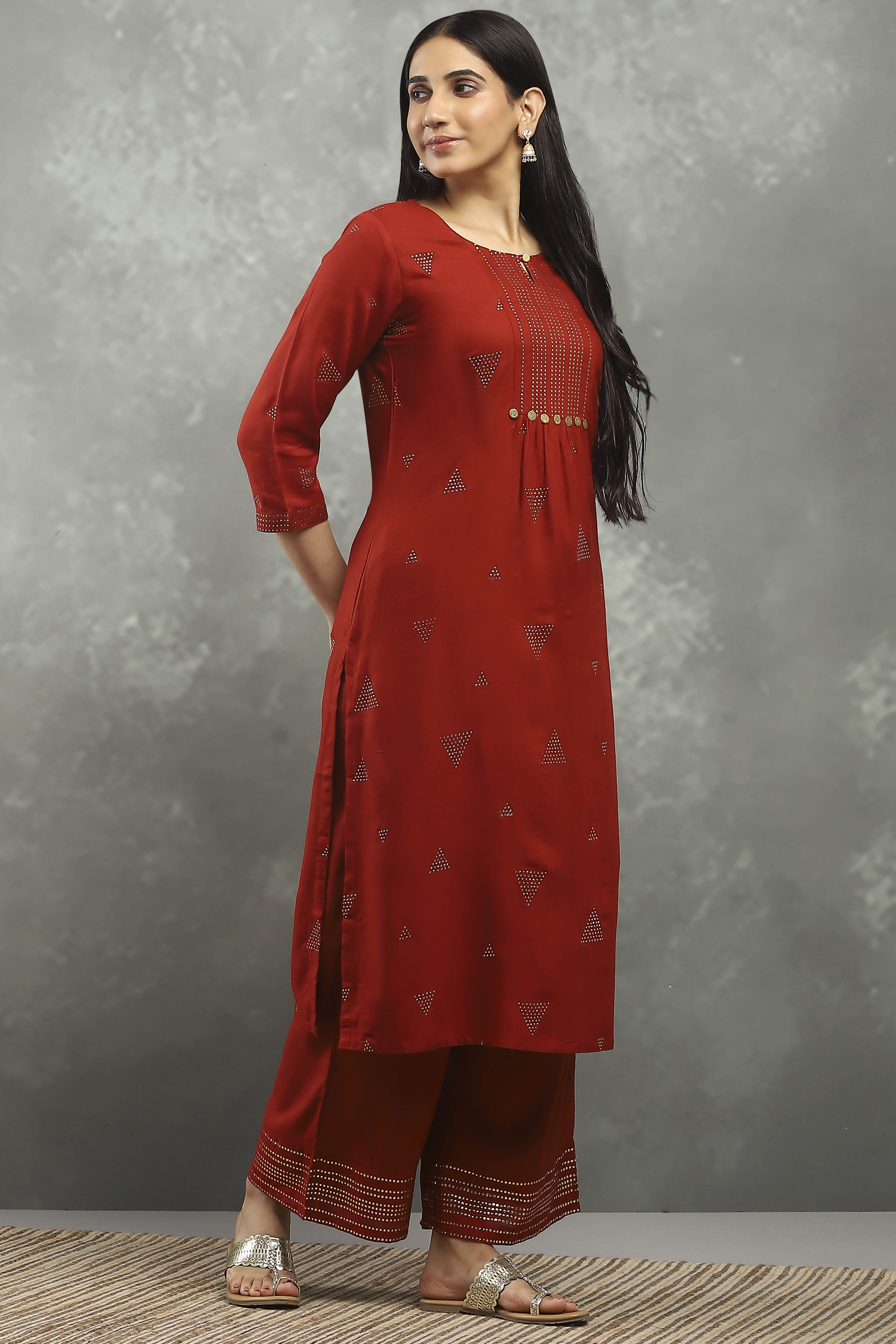 Rust Viscose Straight Kurta Pants Set image number 5