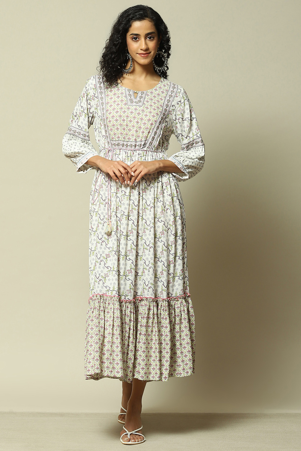 Ecru LIVA Tiered Printed Dress image number 5