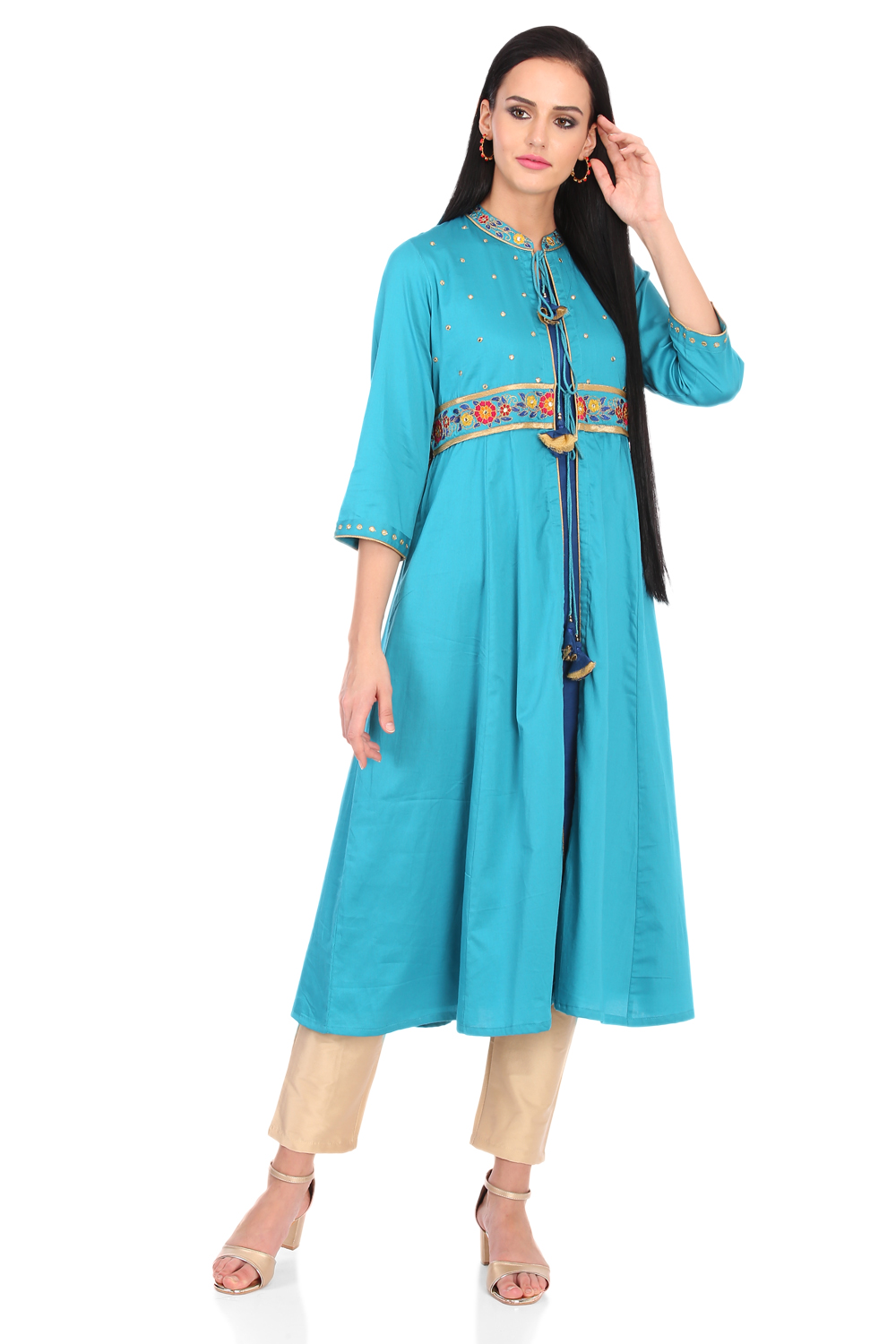 Turquoise Front Open Cotton Kurta image number 4