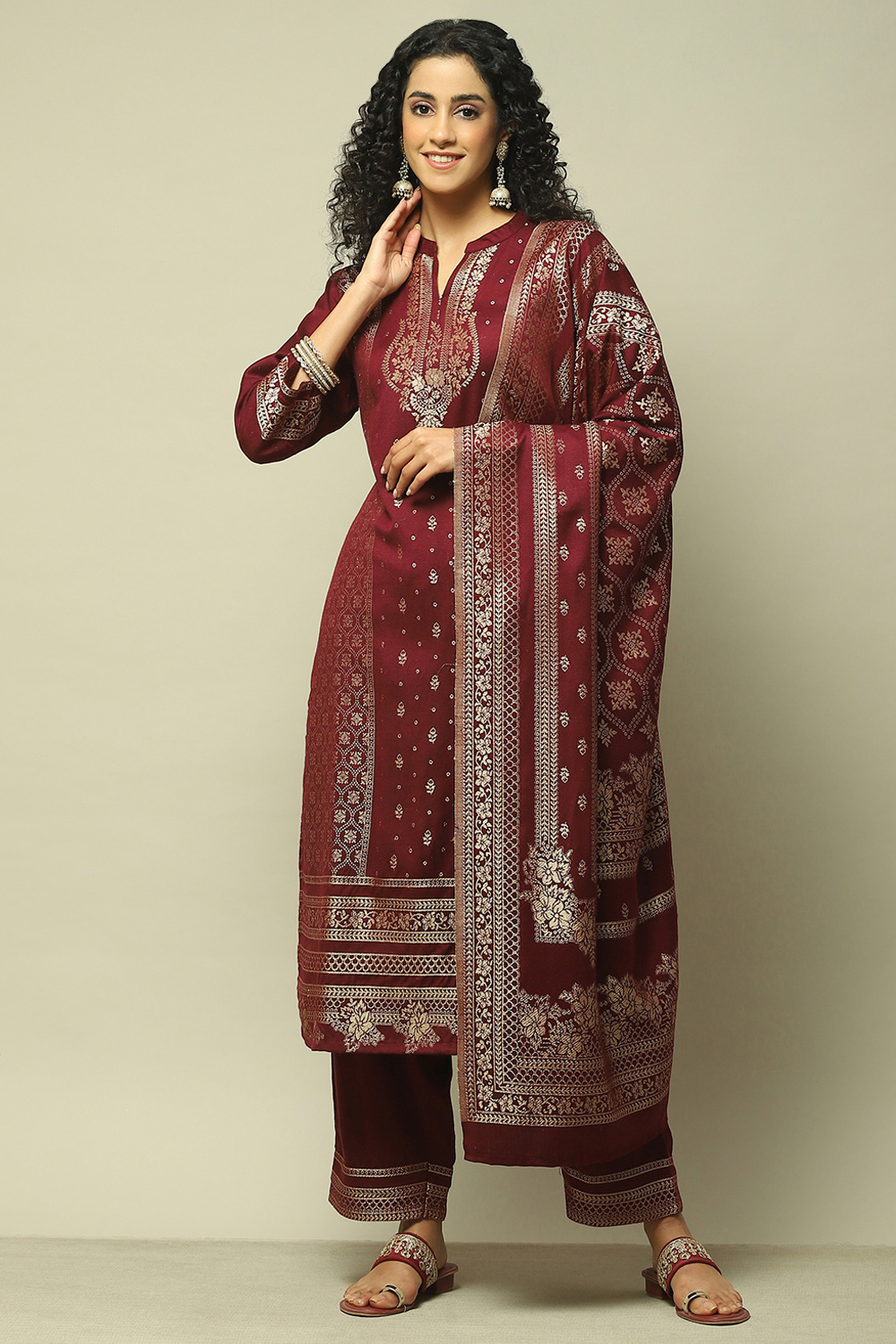 Maroon Poly Viscose Straight Yarndyed Kurta Palazzo Suit Set image number 0