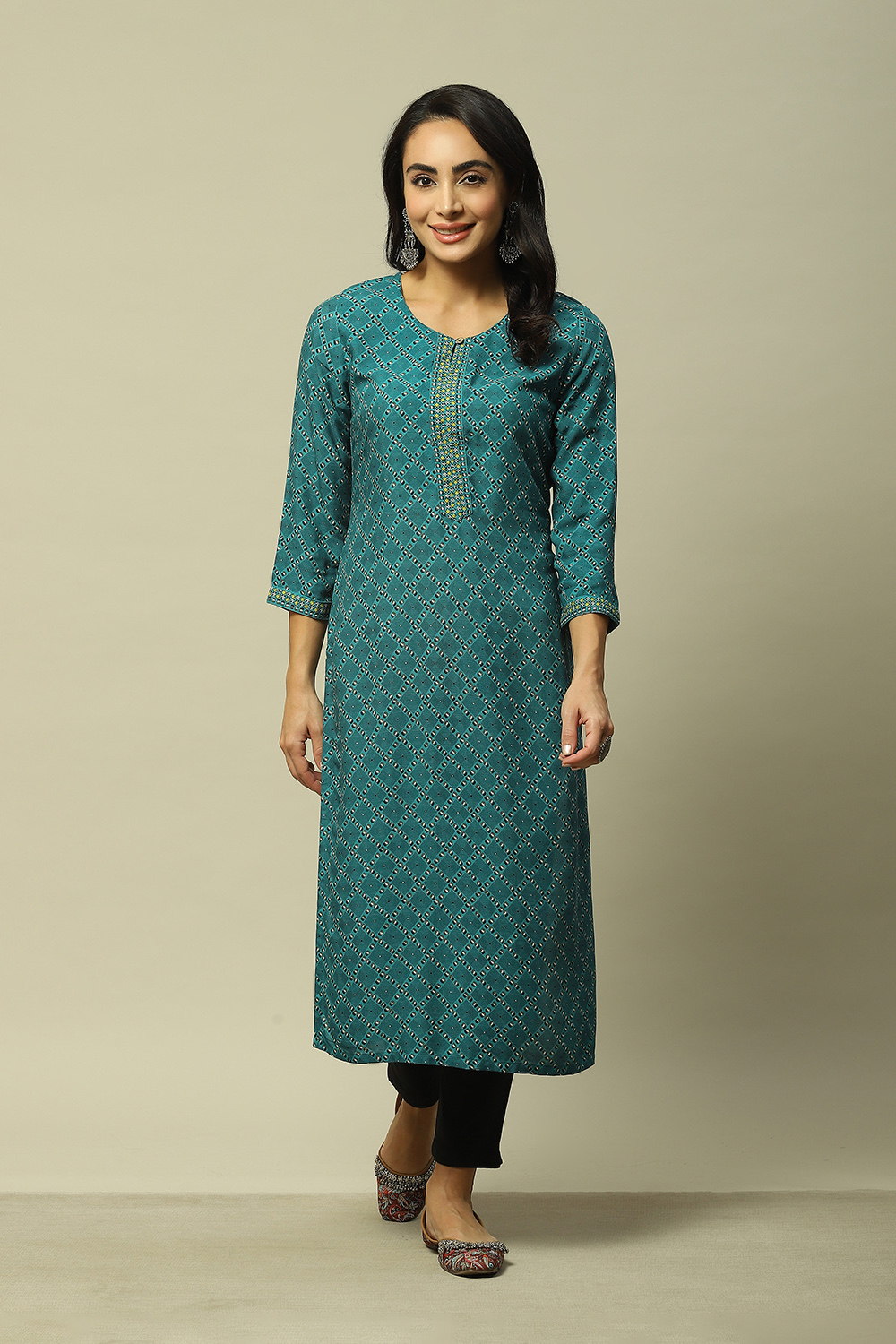 Teal Blue LIVA Straight Printed Kurta image number 5