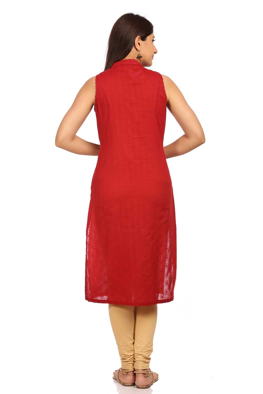 Red Straight Cotton Kurta image number 3