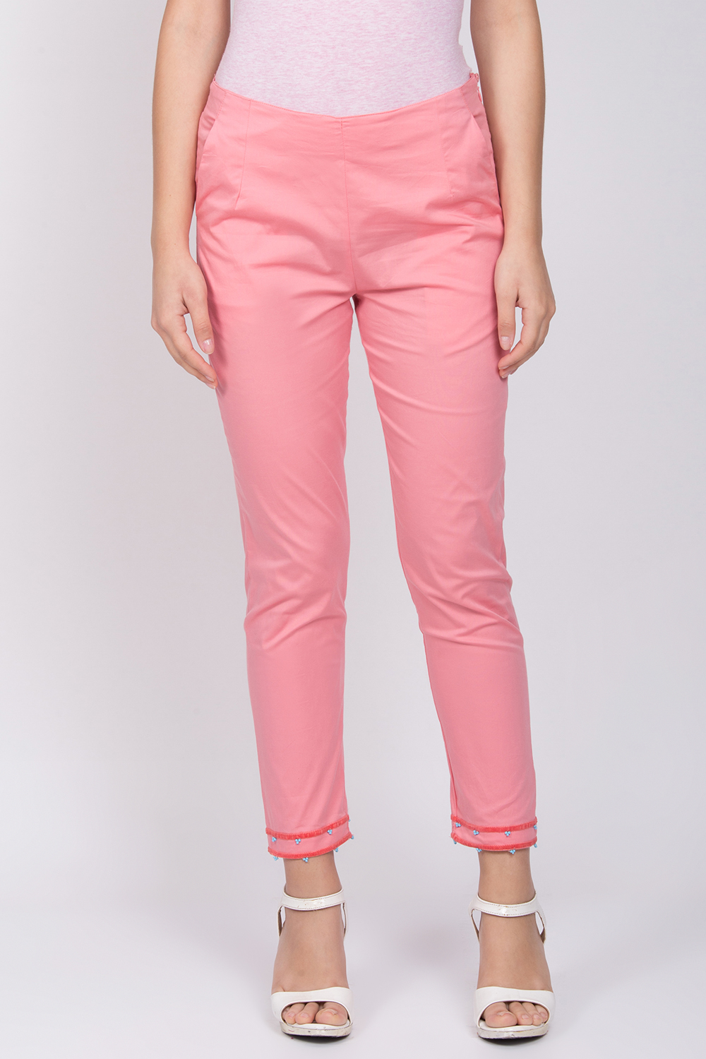 Peach Poly Lycra Slim Pants image number 0
