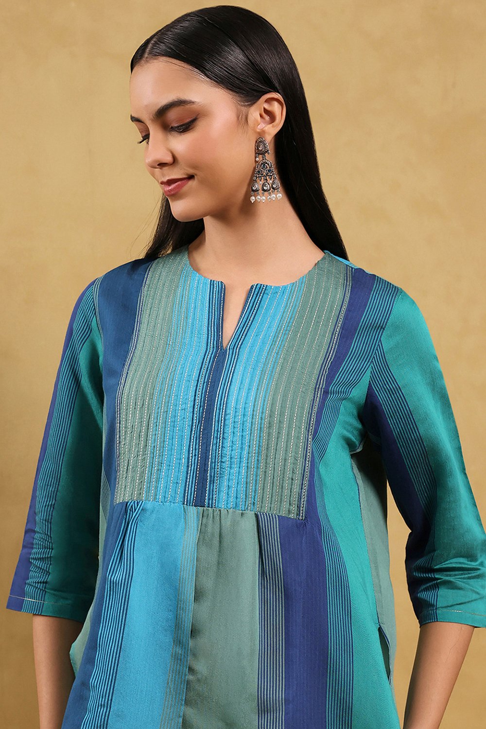 Blue Viscose Blend Solid Tiered Top image number 1