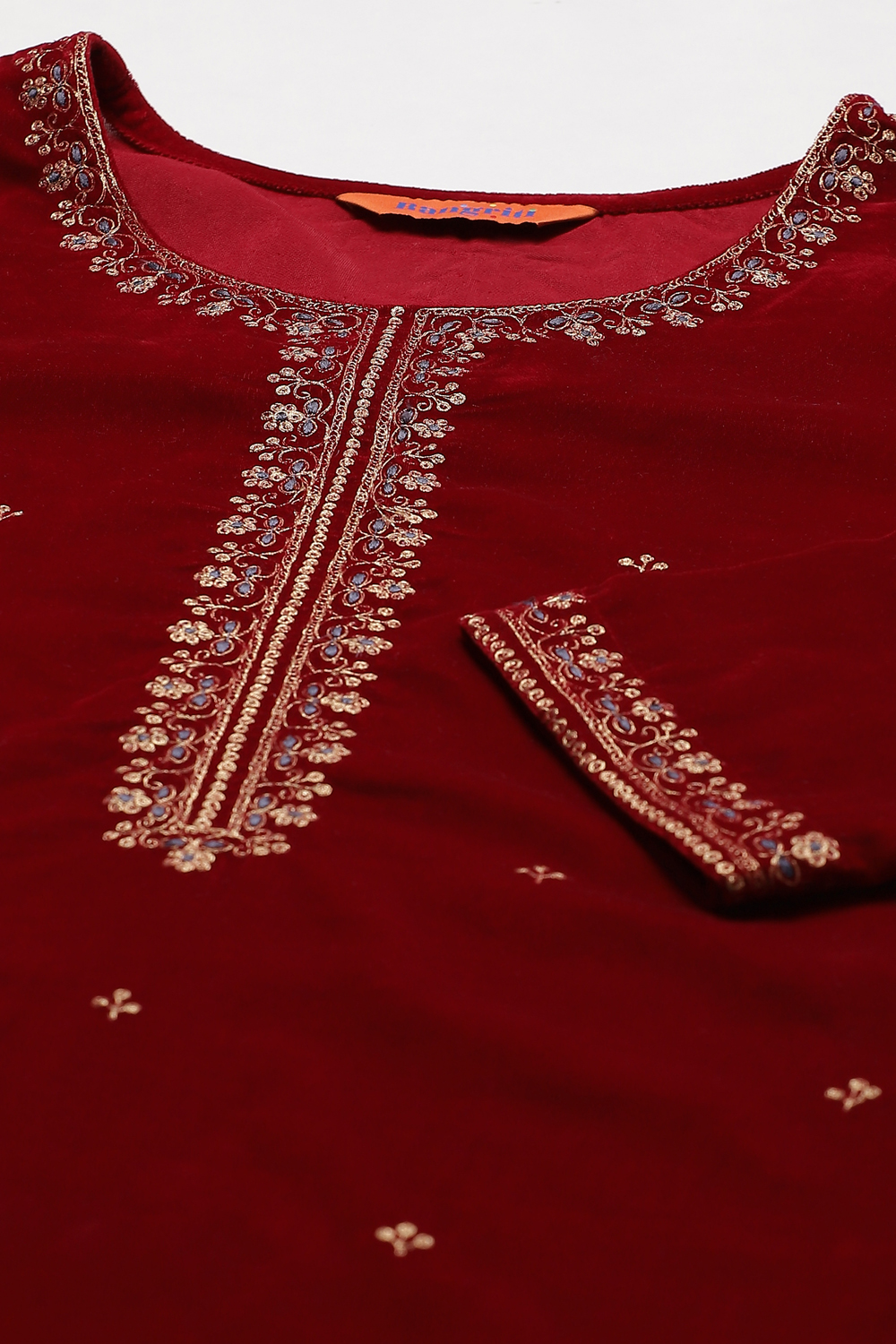 Maroon Velvet Straight Suit Set image number 1