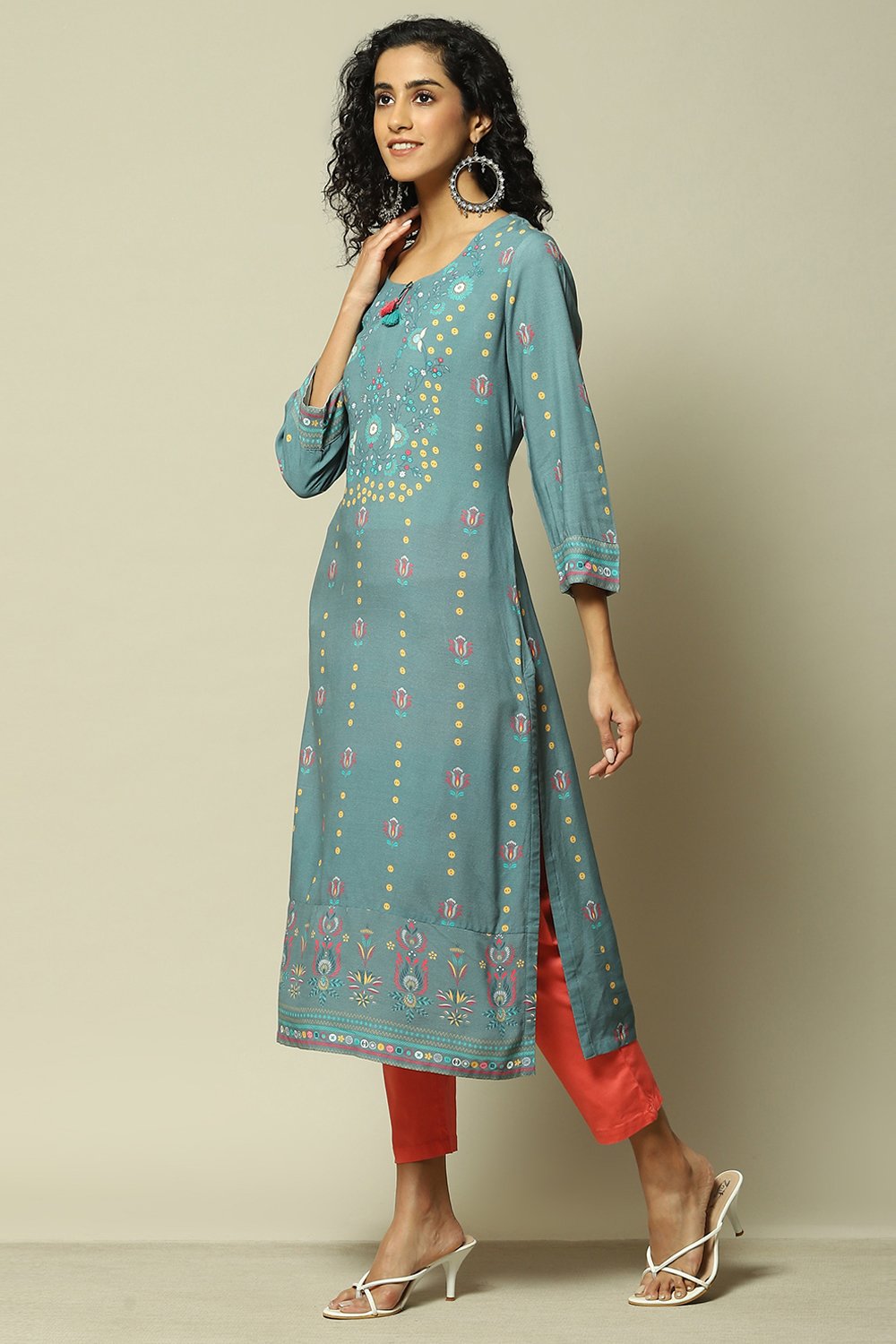 Teal Blue LIVA Straight Printed Kurta image number 2