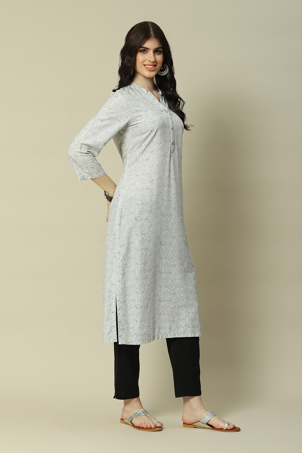 Sky Blue LIVA Straight Printed Kurta image number 3