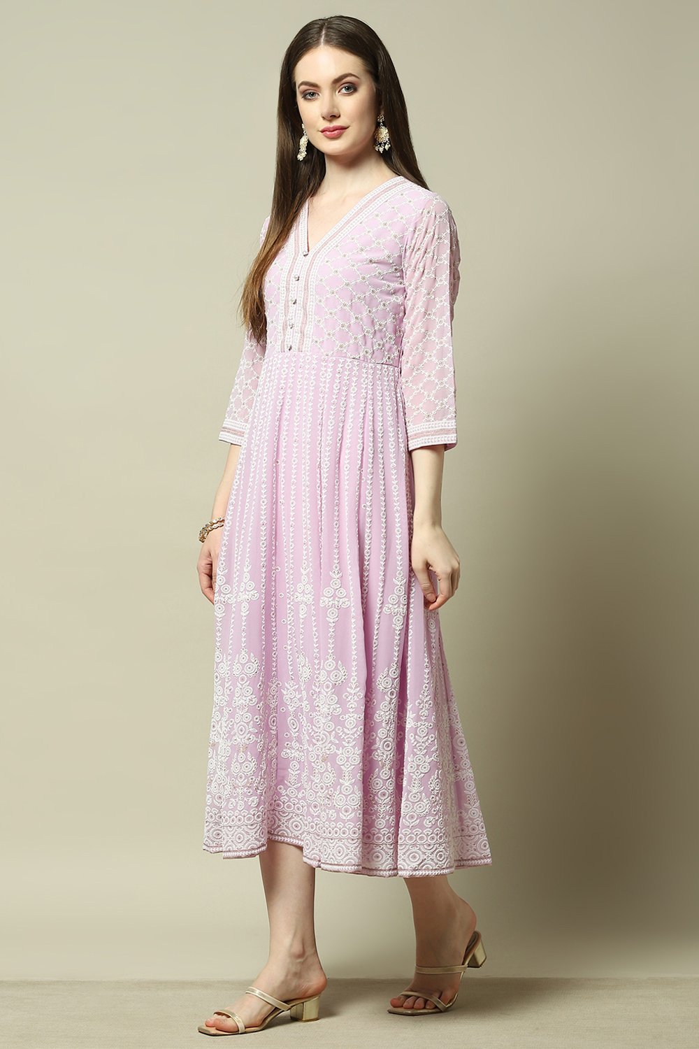Lavender Poly Georgette Embroidered Flared Dress image number 2