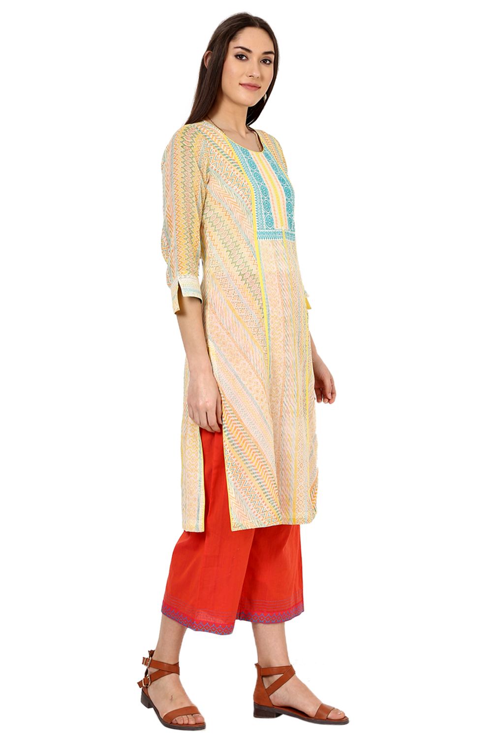 Yellow Straight Cotton Kurta image number 3