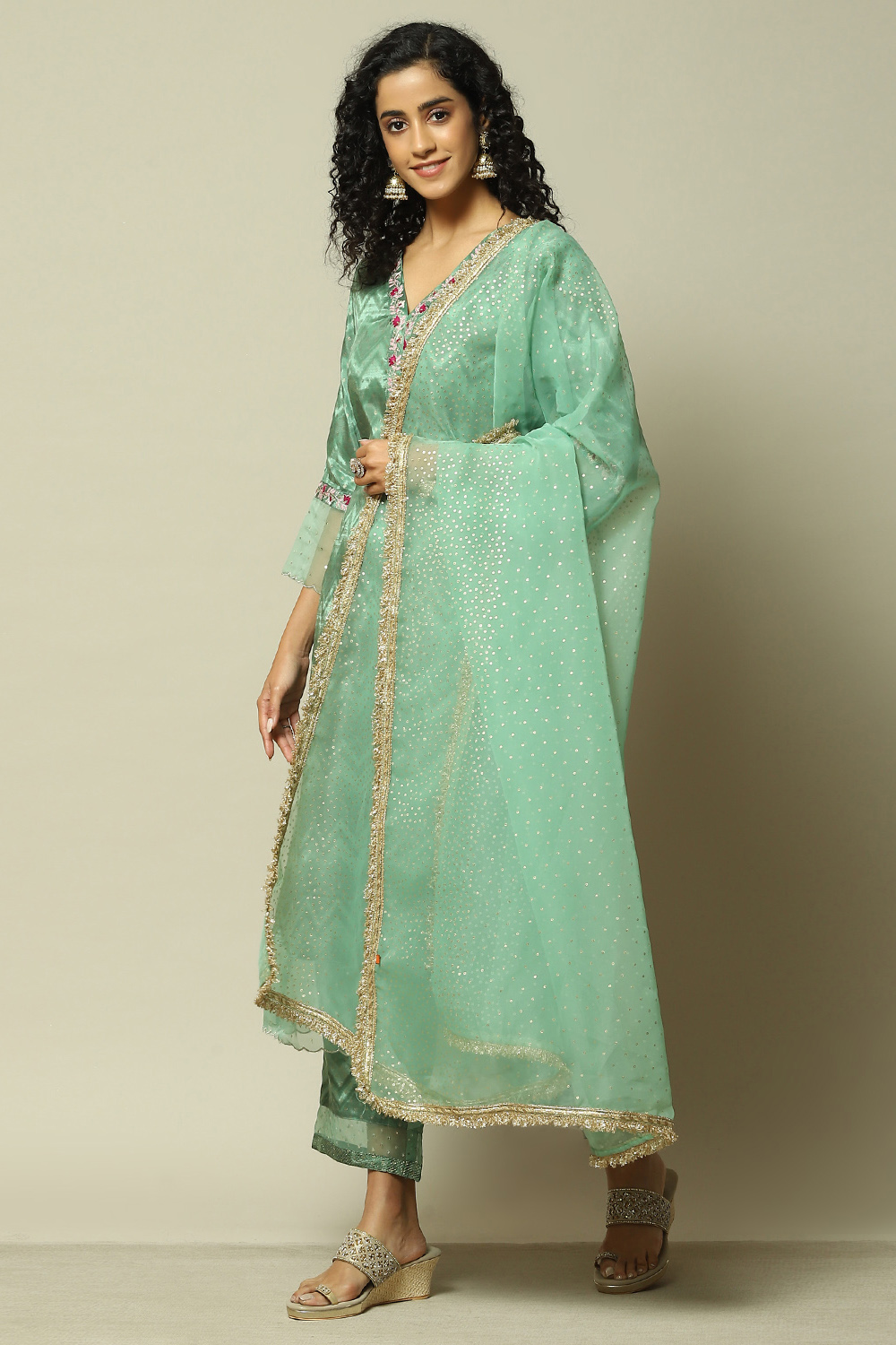 Green Viscose Straight Printed Kurta Palazzo Suit Set image number 4