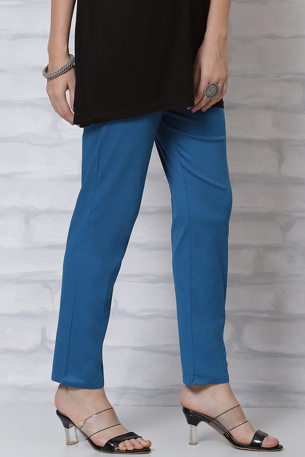 Teal Blue Poly Cotton Slim Pants image number 3