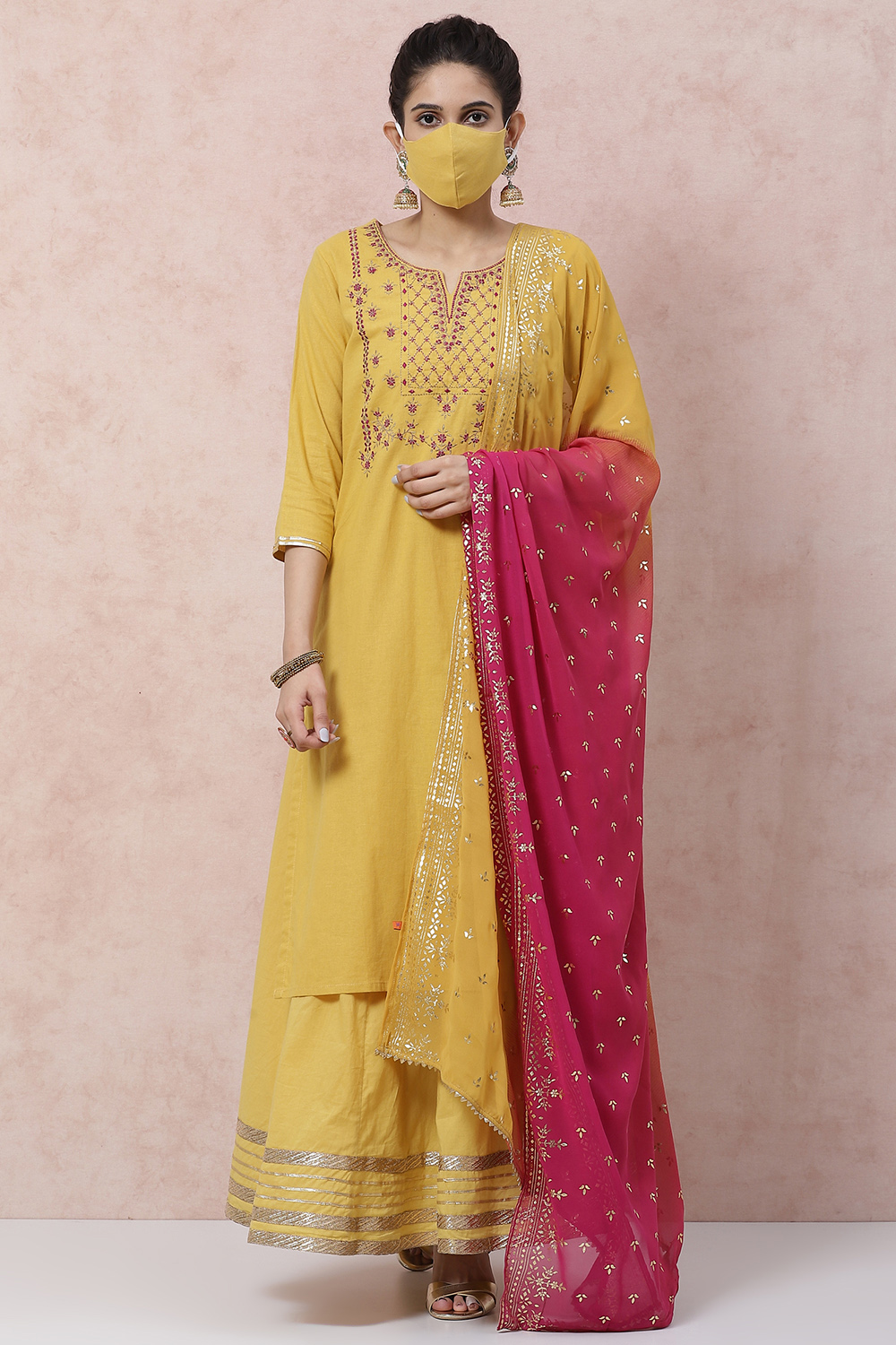 Mustard Cotton Straight Suit Set image number 4
