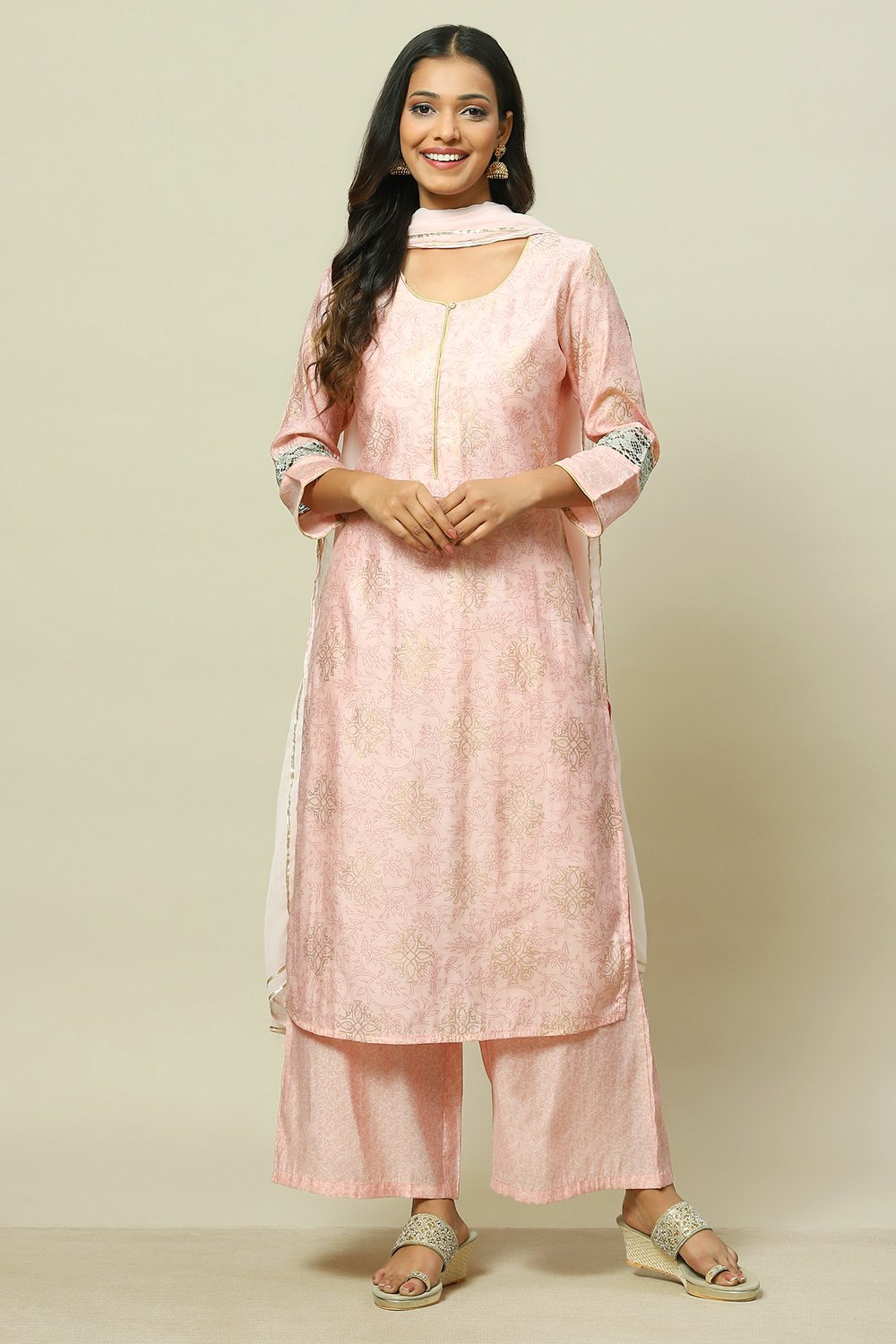 Light Pink Cotton Blend Woven Straight Kurta Suit Set image number 7