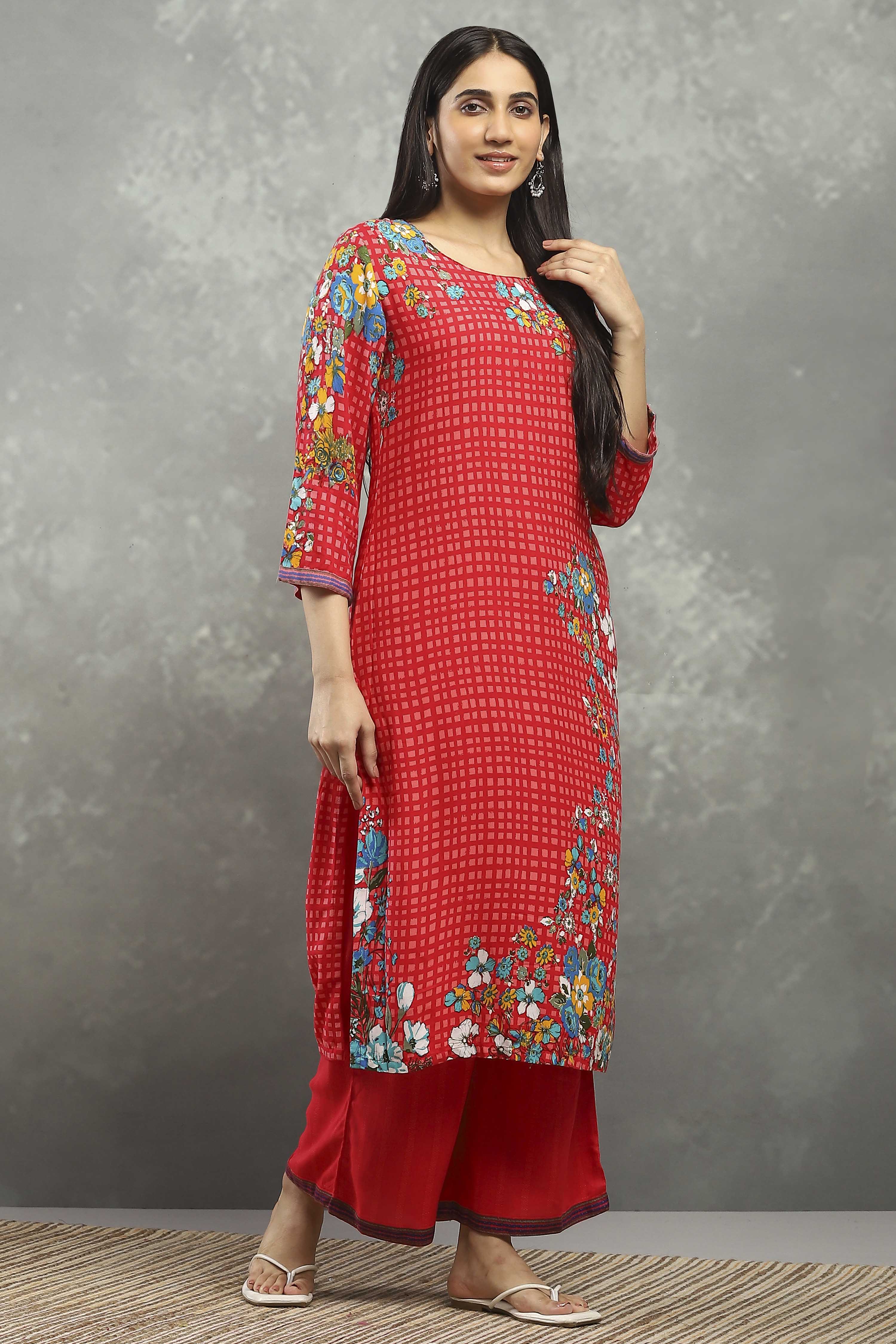 Red Viscose Straight Kurta Pants Set image number 5