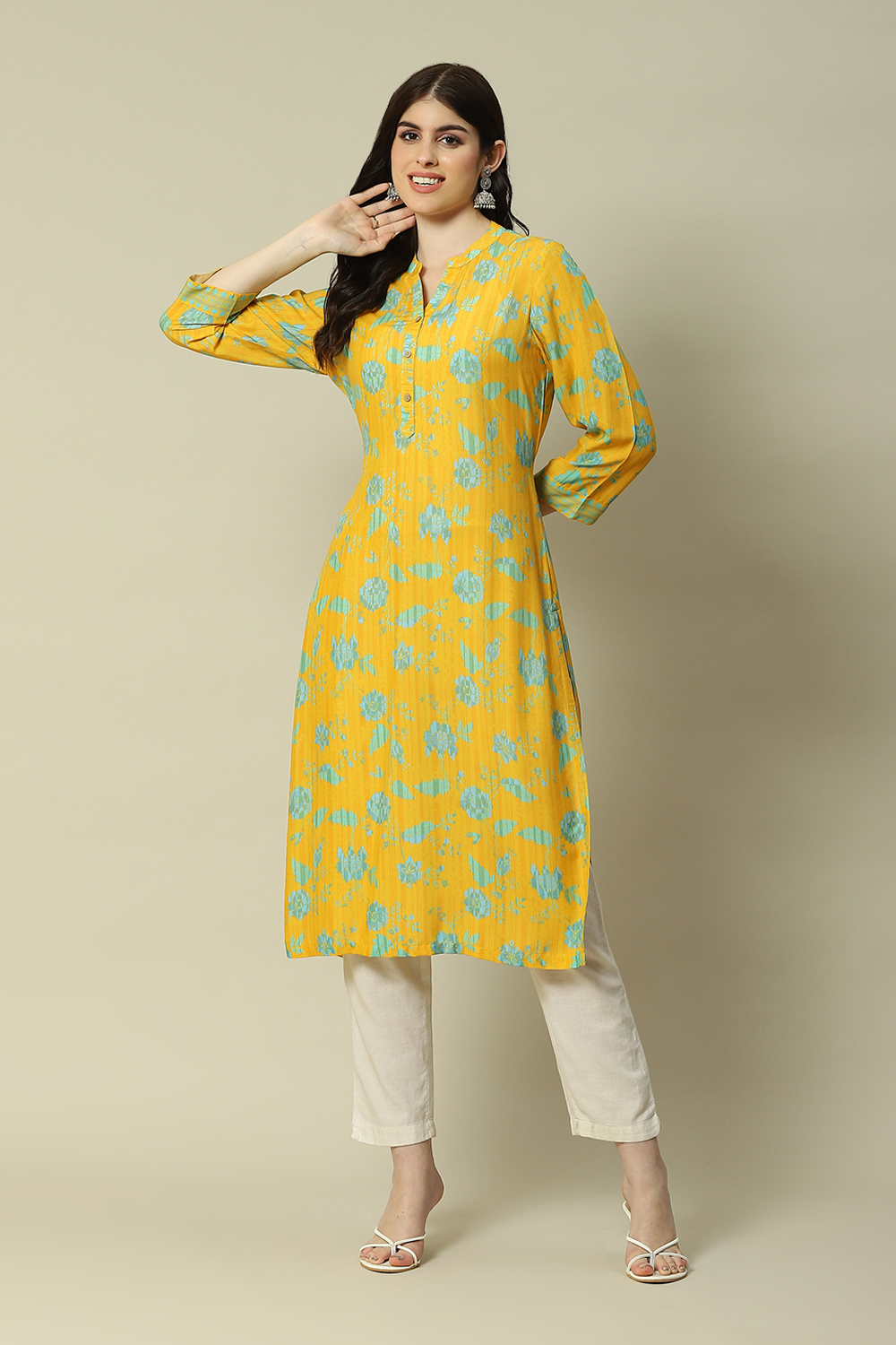 Mustard LIVA Straight Printed Kurta image number 0