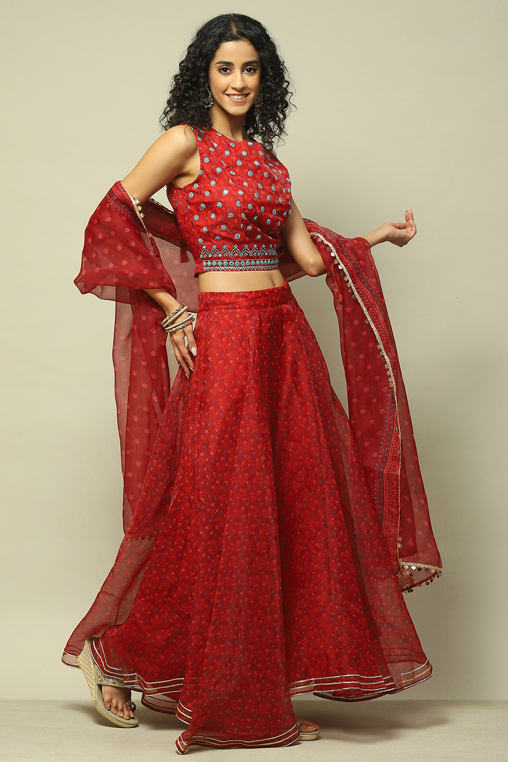 Red Polyester Flared Printed Lehenga set image number 6