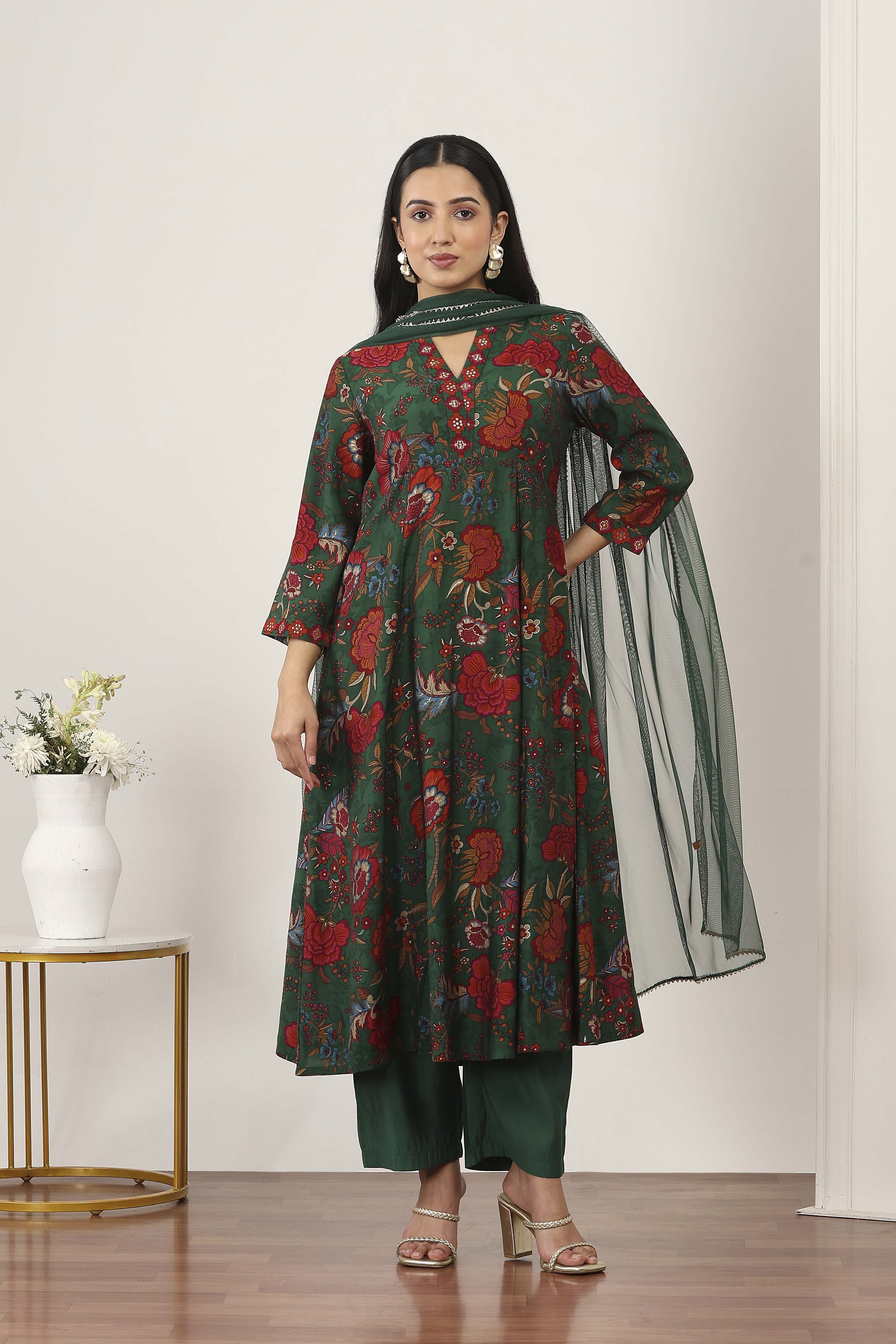 Green Viscose Polyester Kalidar Suit Sets image number 6
