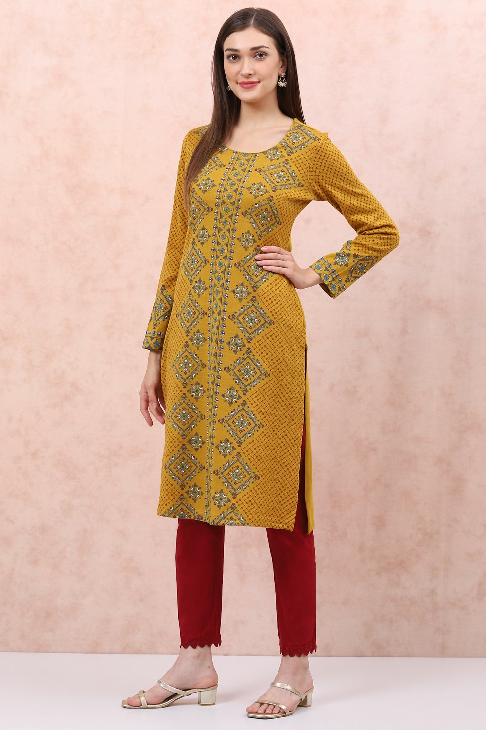 Buy Mustard Acrylic Straight Kurta 1N by Rangriti