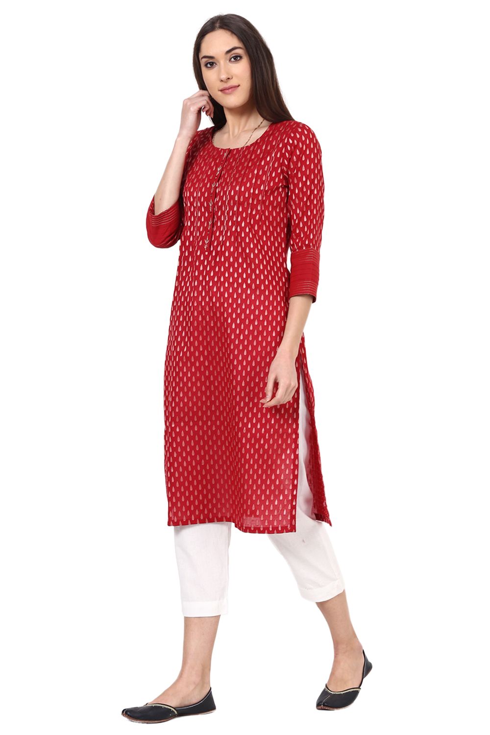 Red Straight Cotton Kurta image number 5
