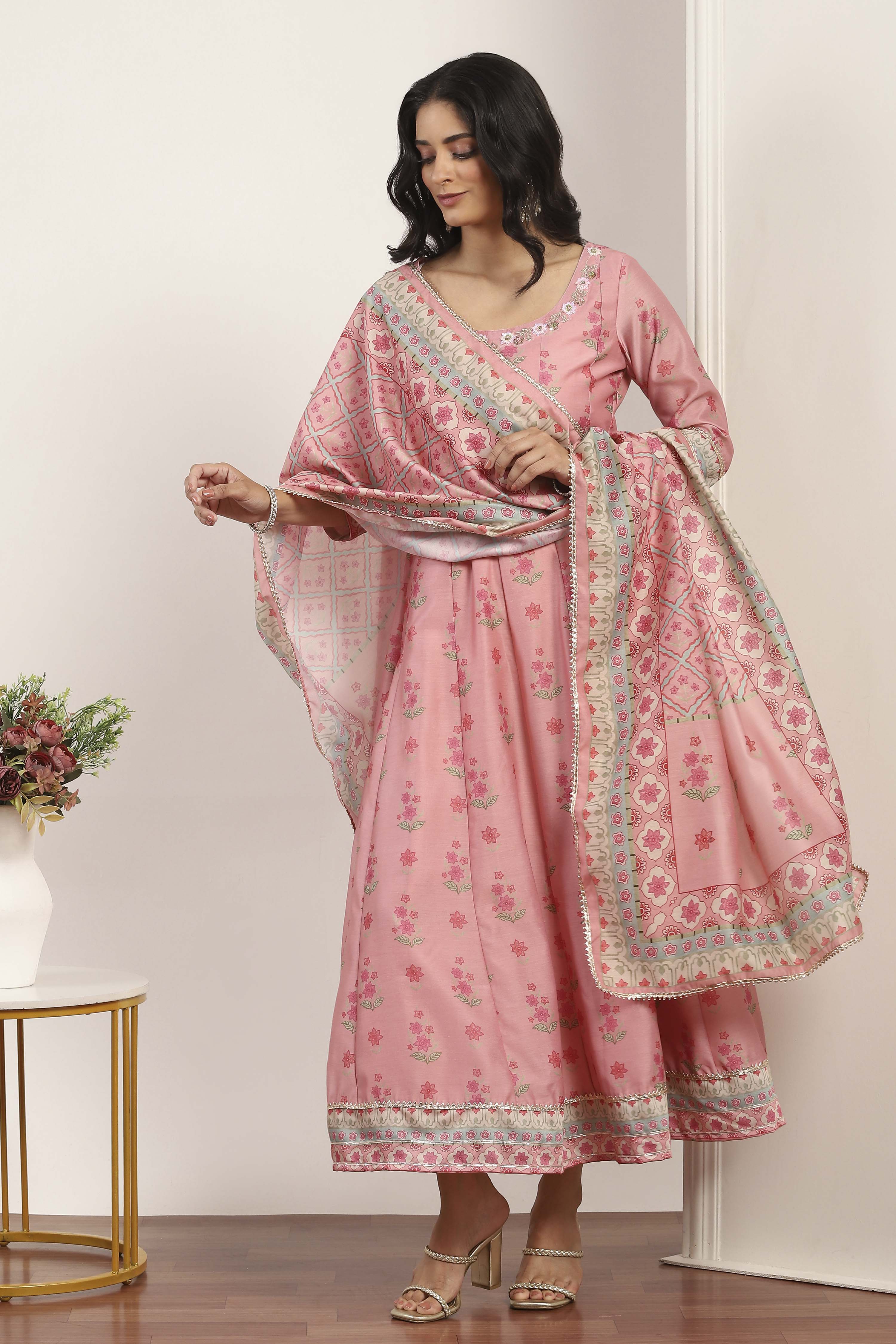 Pink Viscose Polyester A-line & Kalidar Kurtas image number 4