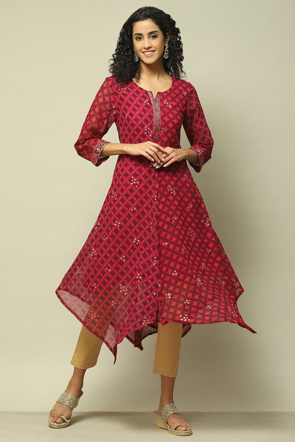 Wine Polyester Straight Printed Kurta image number 6