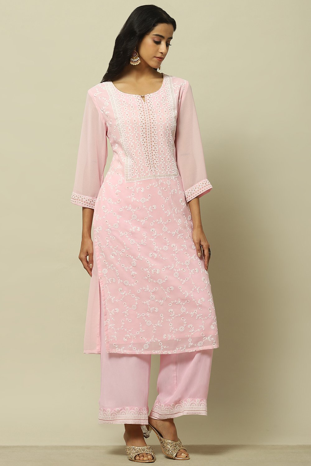Pink Embroidered Straight Kurta image number 0