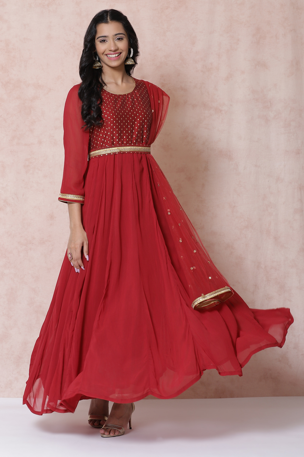 Red Polyester Georgette Kalidar Suit Set image number 0