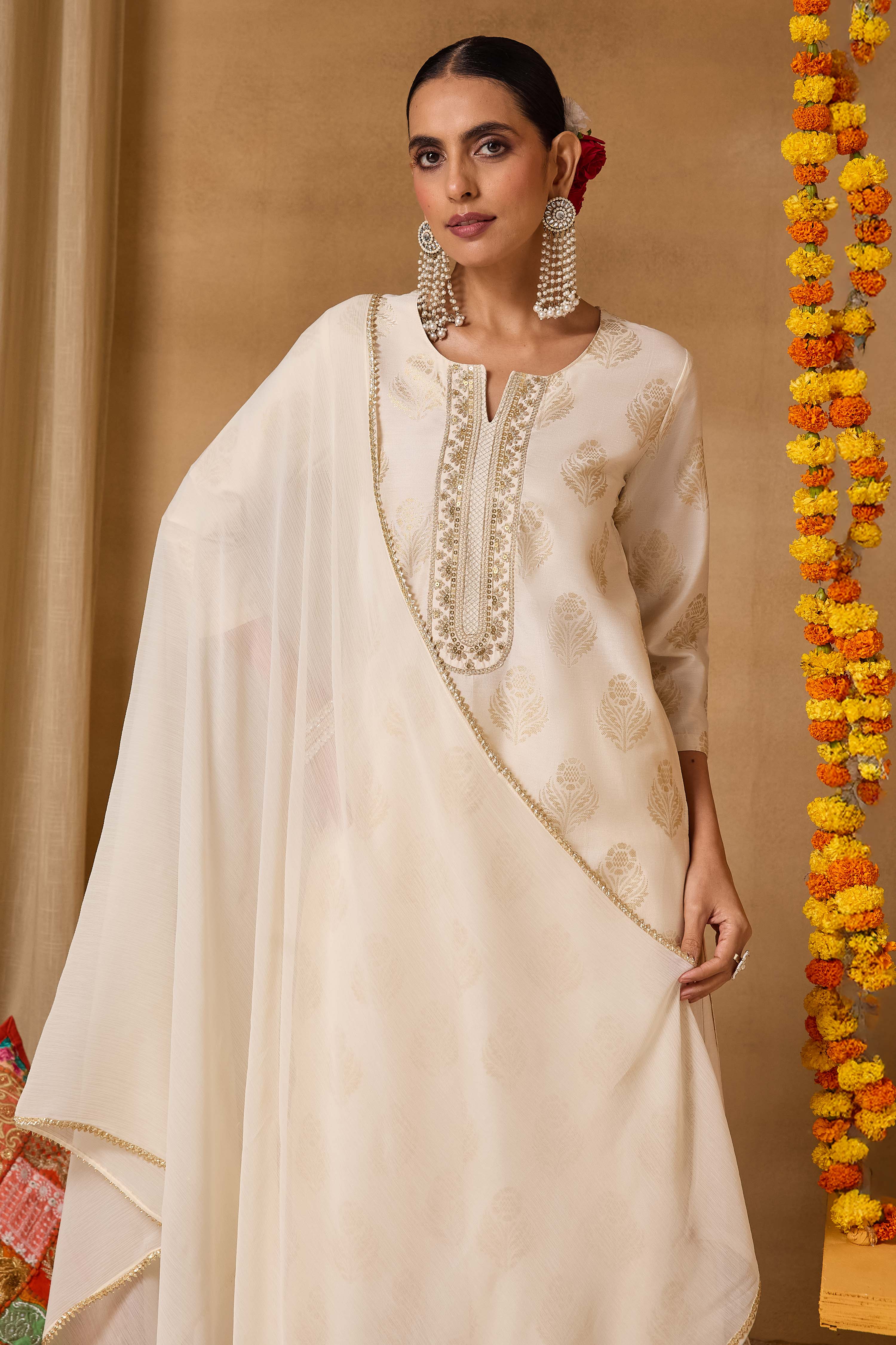 Off White Viscose Blend Straight Printed Suit Set image number 8