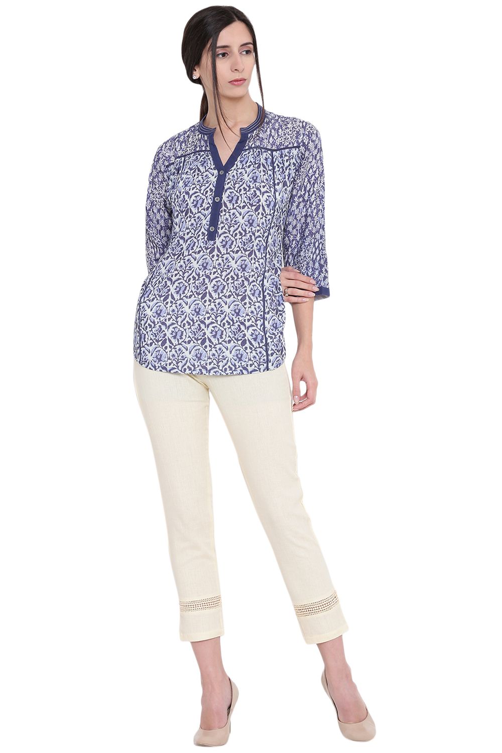 Beige Cotton Slim Pants image number 4