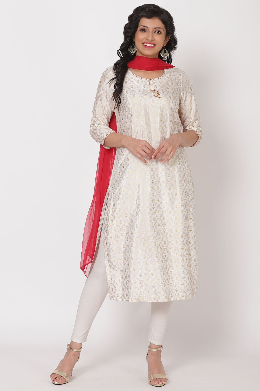 Off White Viscose Straight Suit Set image number 3
